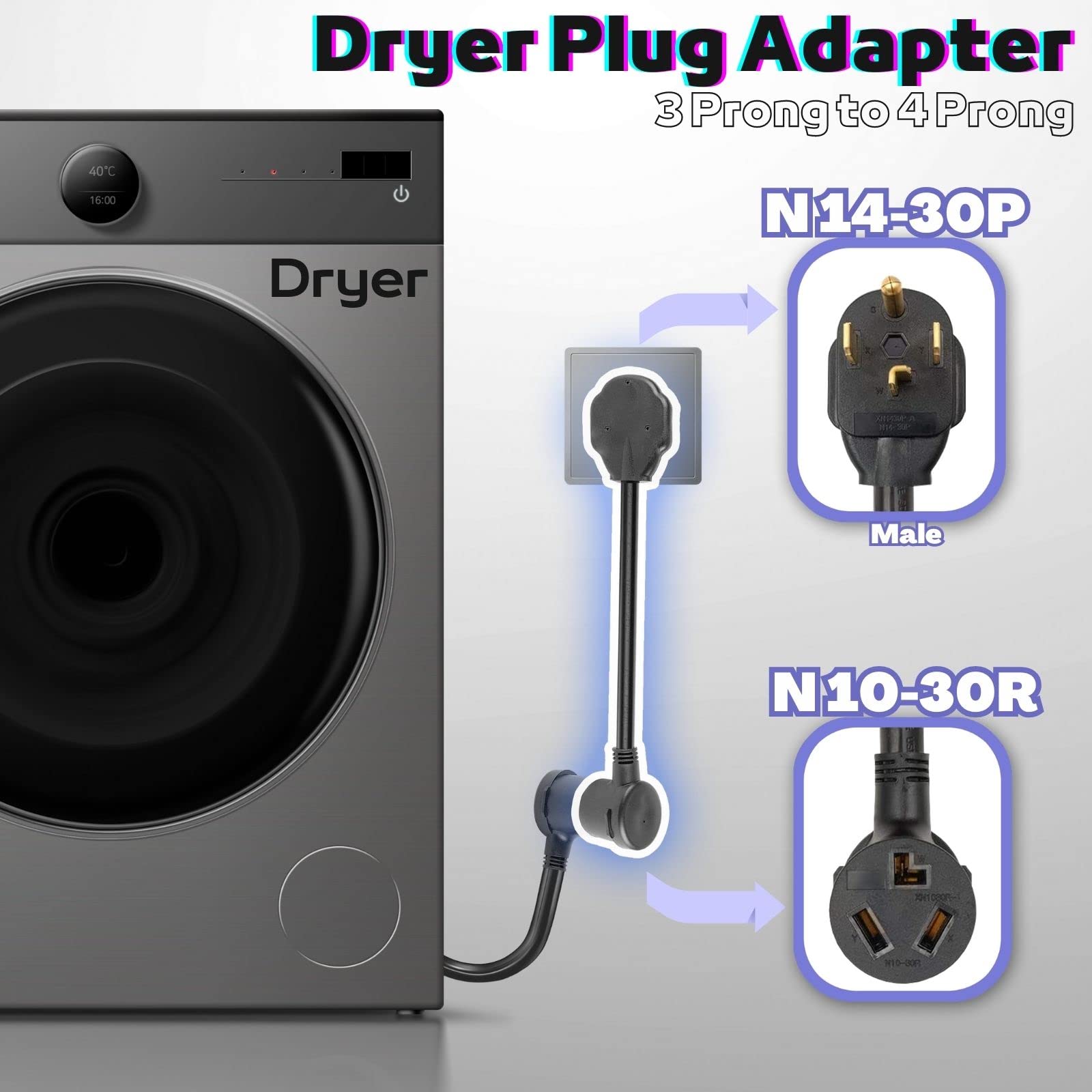 Dryer Adapter Cord, Nema 14 30P Male To 10 30R Female   3 Prong To 4 Prong, 1.5Ft, 30A/250V, Stw 10Awg   Ideal For Home Applianc