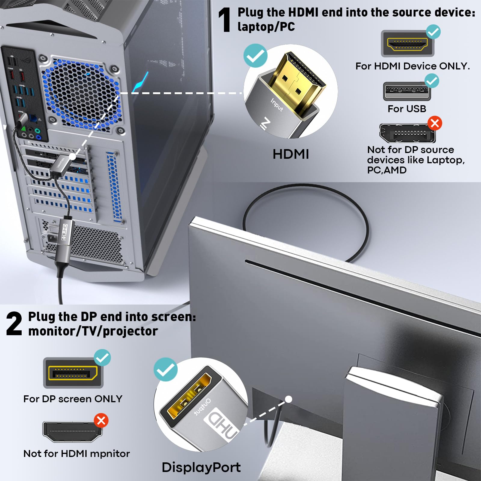 Hdmi To Displayport Adapter | 4K@60Hz Active Hdmi 2.0 Male To Dp 1.2 Female Converter Uni Directional Hdmi Cable Support Hdcp 2.