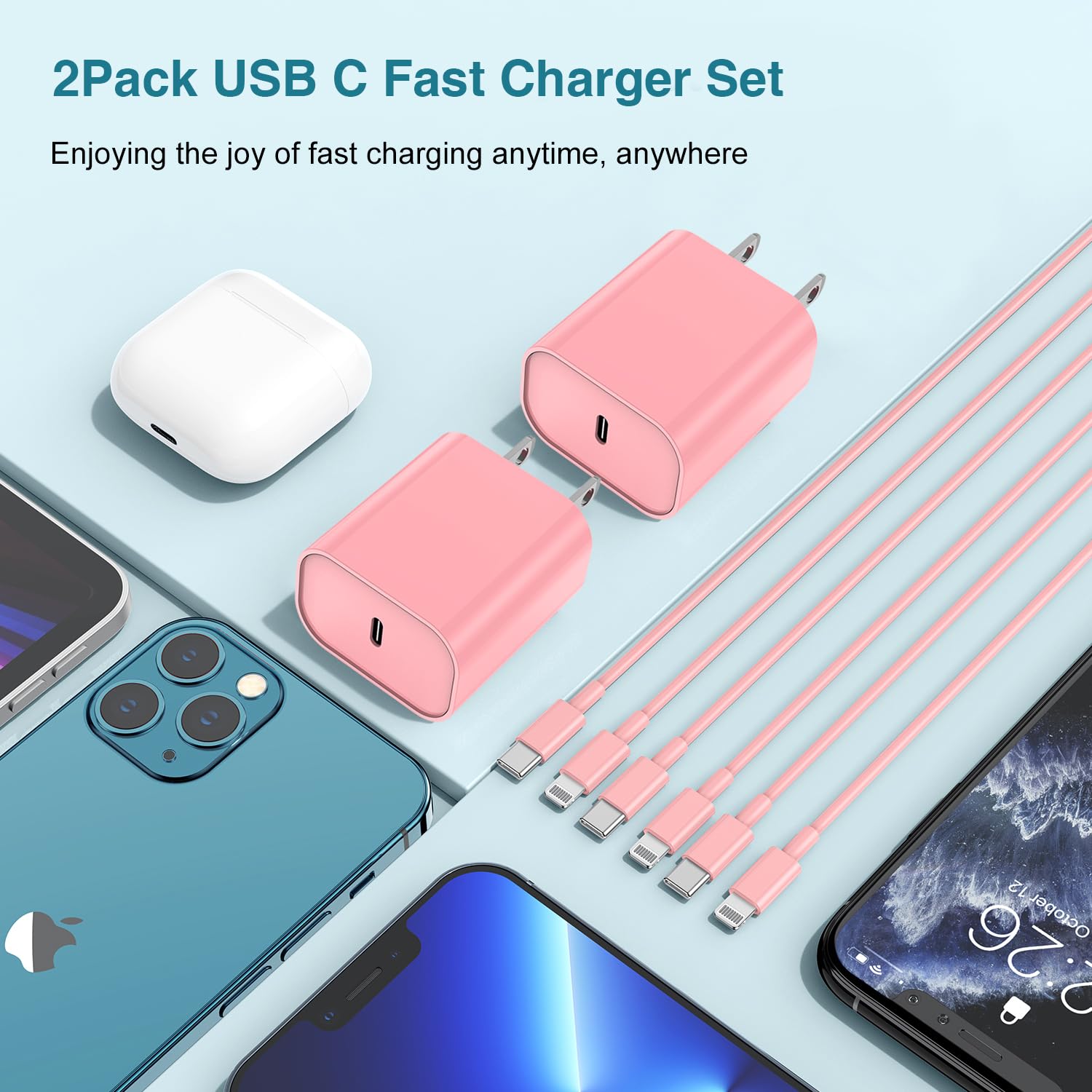 Hcoob MFi Certified 20W USB C Fast Charger 6FT Type C to Lightning Cable for iPhone 14 13 12 Pro Max Pink