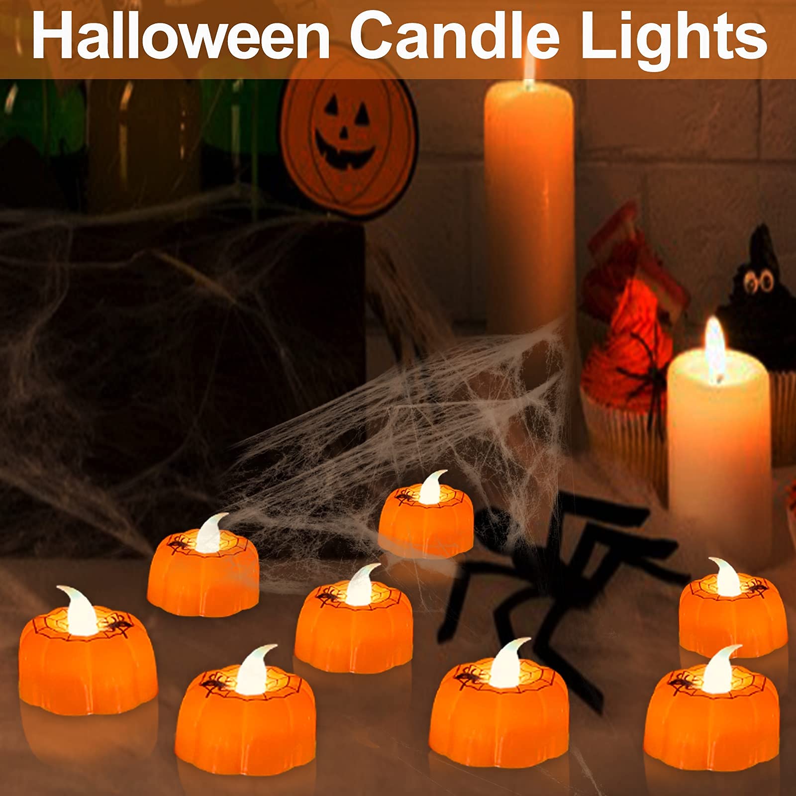 Turnmeon 12 Pack Halloween Pumpkin Tealights Candles With Spider Web Decor, Led Pumpkin Lights, Flame Less Candle Battery Operat