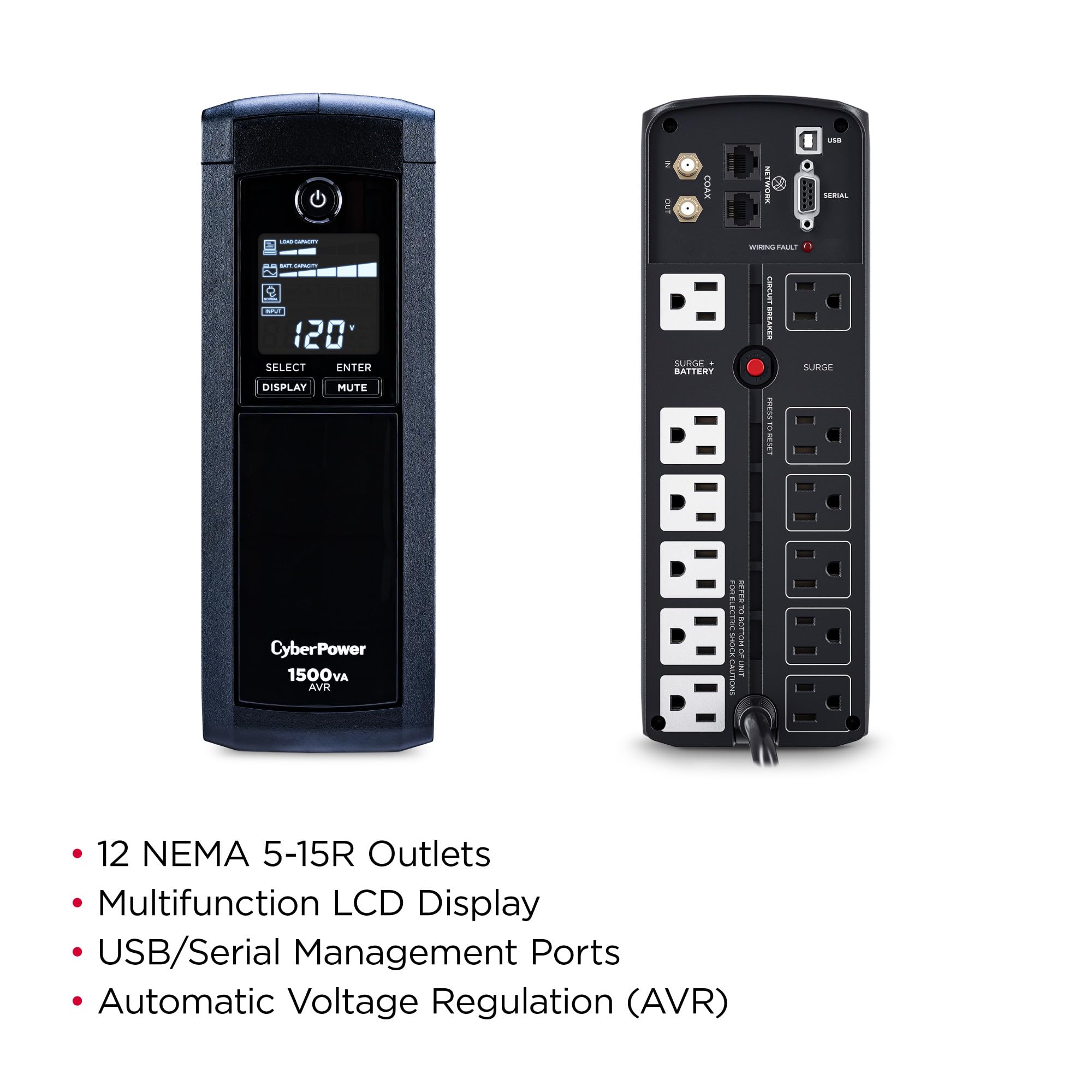 Cyberpower Cp1500Avrlcd Intelligent Lcd Ups Battery Backup And Surge Protector, 1500Va/900W, 12 Outlets, Avr, Mini-Tower, Ul Cer