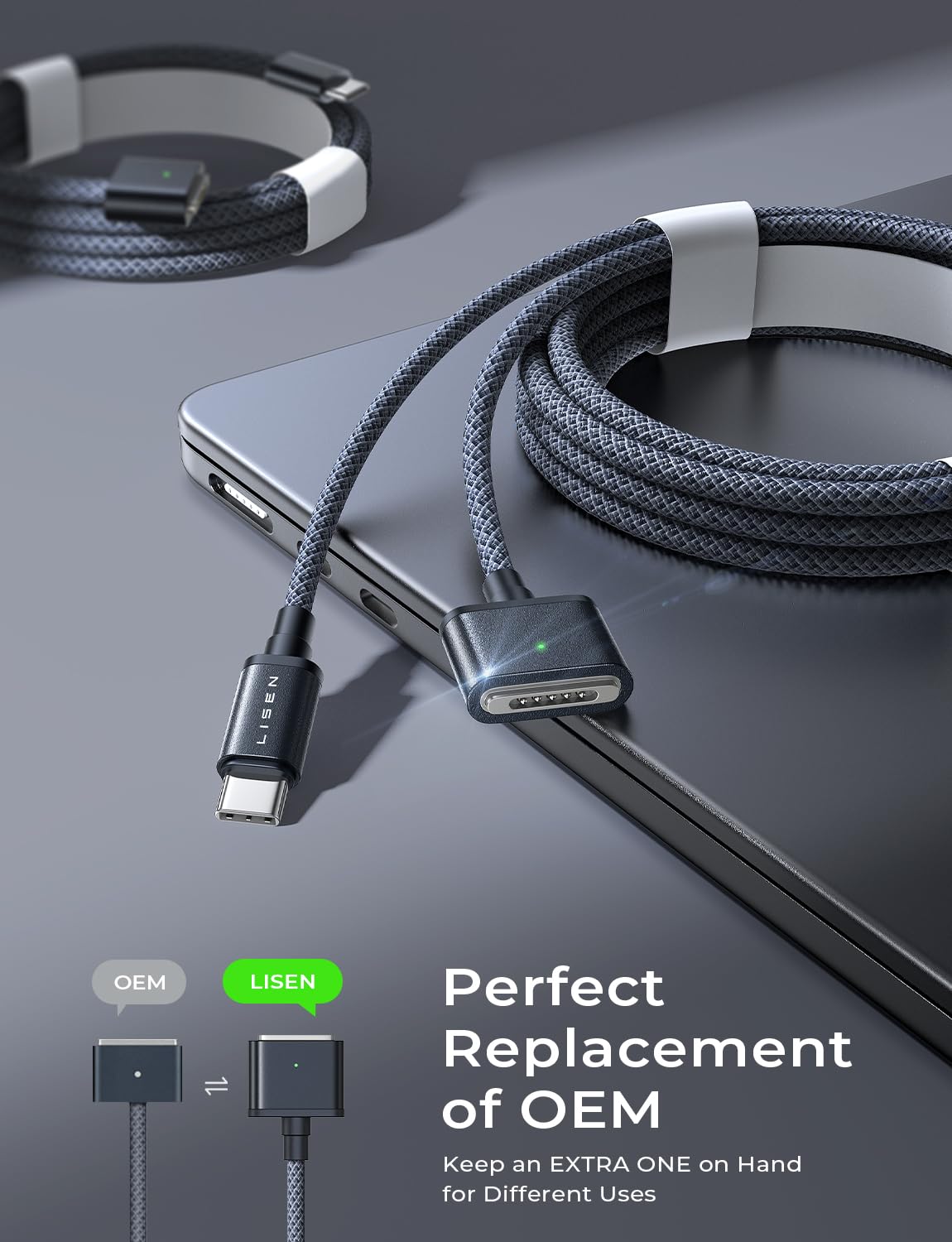 Lisen 140W Usb C To Magnetic Cable Safe 3 For Macbook Charger, Nylon Braided 6.6Ft Fit For Macbook Air 2024(M3), 2023/2022(M2),M