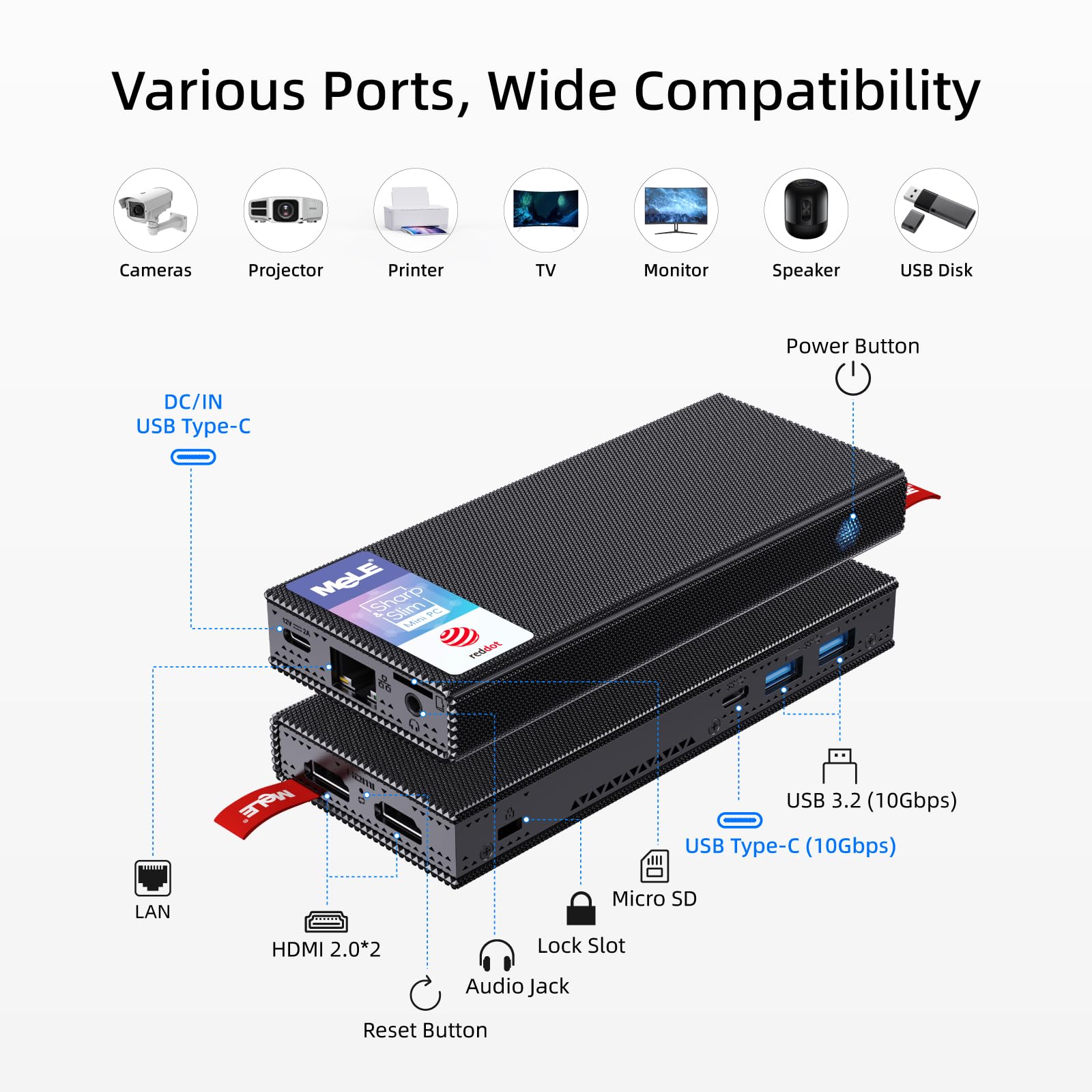 Mele Fanless Stick Pc Pcg02 Pro Reddot Winner 2024, N100 8Gb/128Gb, Mini Computer Dual Hdmi 4K 4266Mhz Lpddr4 Wifi5 Gigabit Ethe
