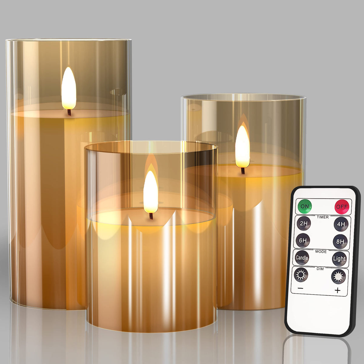 Glass Battery Operated Led Pillar Flameless Candles With10-Key Remote And Timer, Real Wax Candles Warm Color Wick Flickering Lig