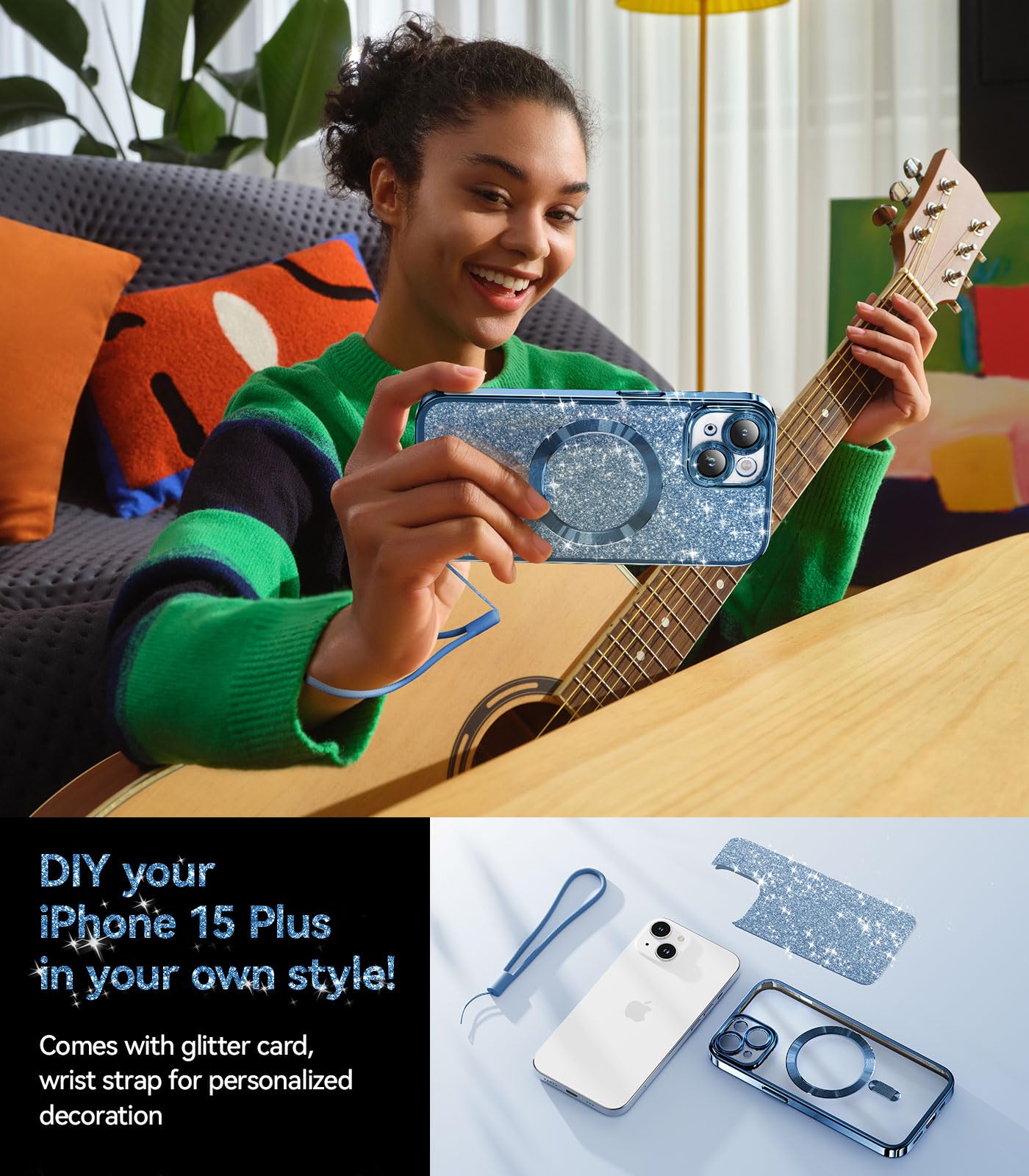 Meifigno Candy Mag Series Case Designed For Iphone 15 Plus, [Compatible With Magsafe] [Glitter Card & Wrist Strap] Full Camera L