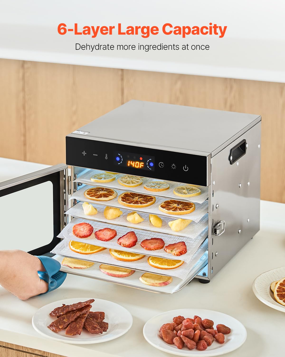 Vevor Food Dehydrator Machine, 6 Stainless Steel Trays, 400W Electric Food Dryer With Adjustable Temperature & 24-Hour Timer, Fr