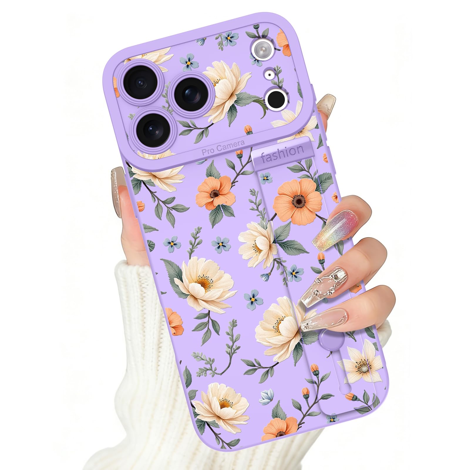 ZIYE for iPhone 17 Pro Case with Adjustable Wrist Strap Kickstand, Cute Flower Floral Pattern,Slim Shockproof Protective Cover f