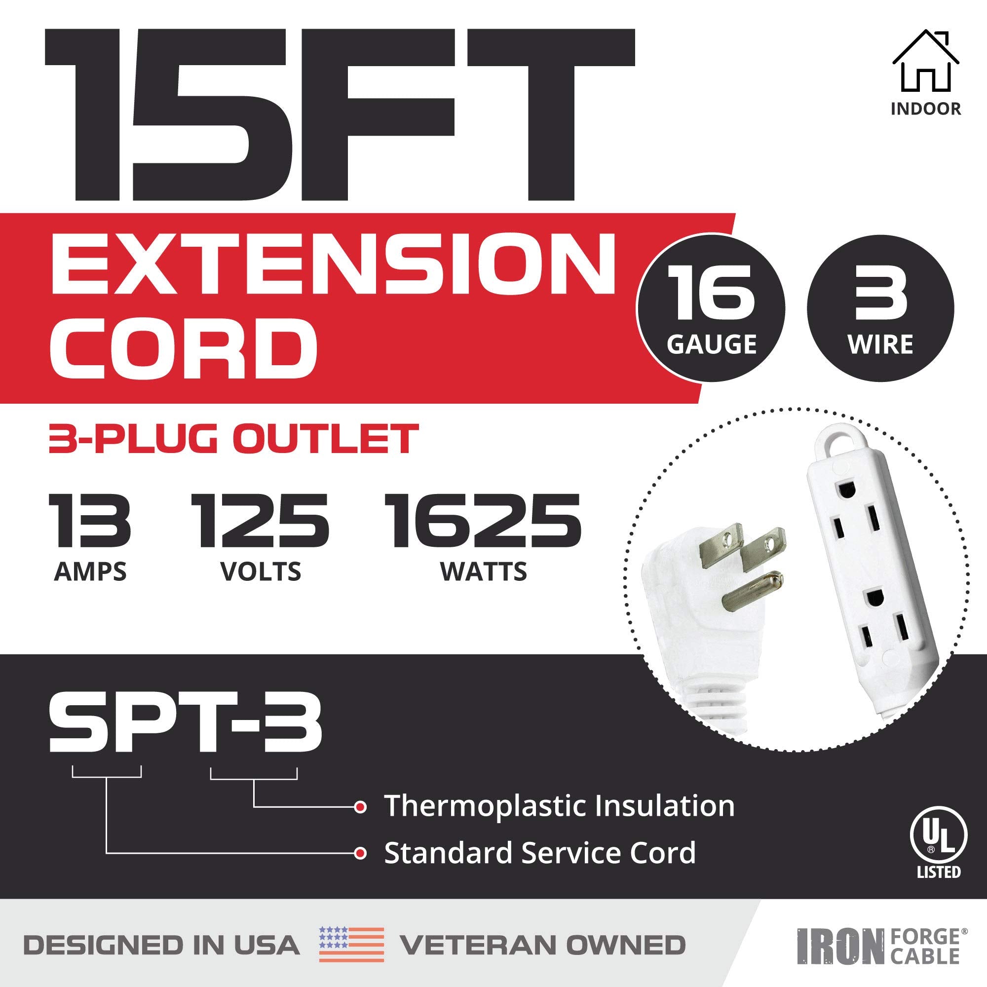 Iron Forge Cable 15 Ft Extension Cord With 3 Electrical Power Outlet   16/3 Durable White Cable