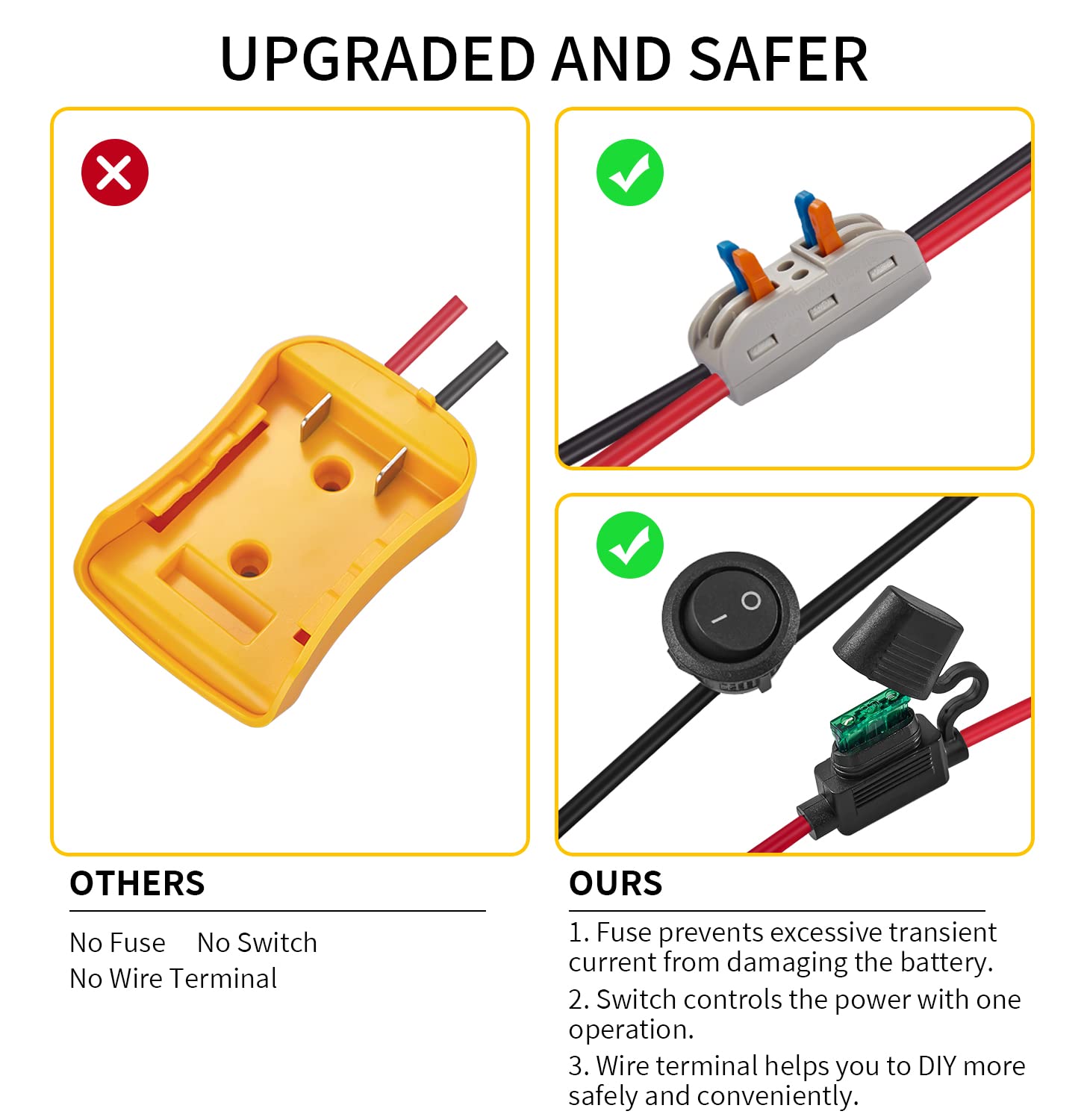 2 Pack Power Wheel Adapter For Dewalt 20V Battery Series With Fuse, Switch & Wire Terminal, 3Pcs 30A Fuse, 12 Awg Wire Battery C