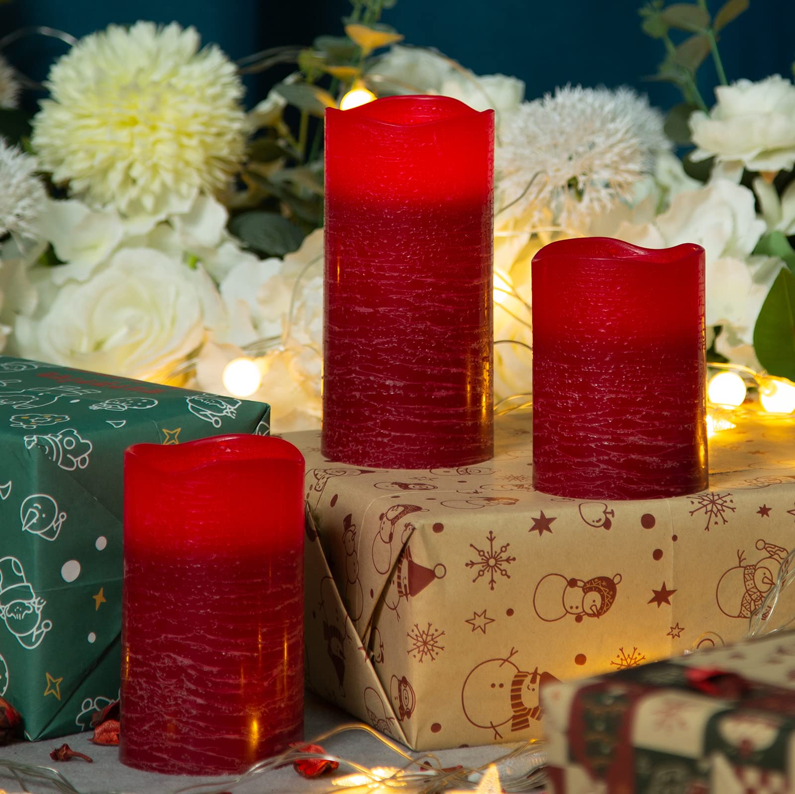 H-Blossom Red Flameless Candles Real Wax Led Pillar Candles Battery Operated With Cycling 5H Timer Set Of 3 (3 X 4/5/6) (Red)