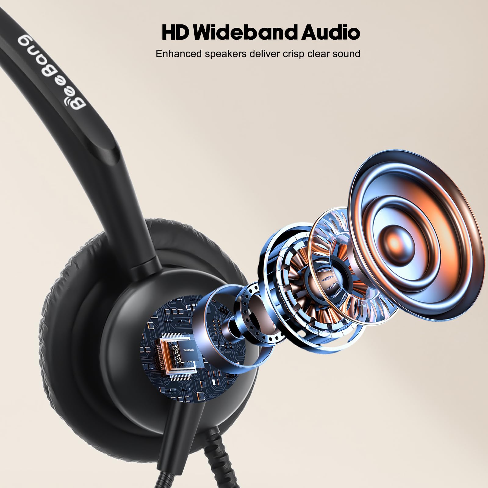 Beebang Telephone Headset With Rj9 Jack For Office Landline Deskphone, With Mic Mute Volume Controller, Binaural Office Phone He