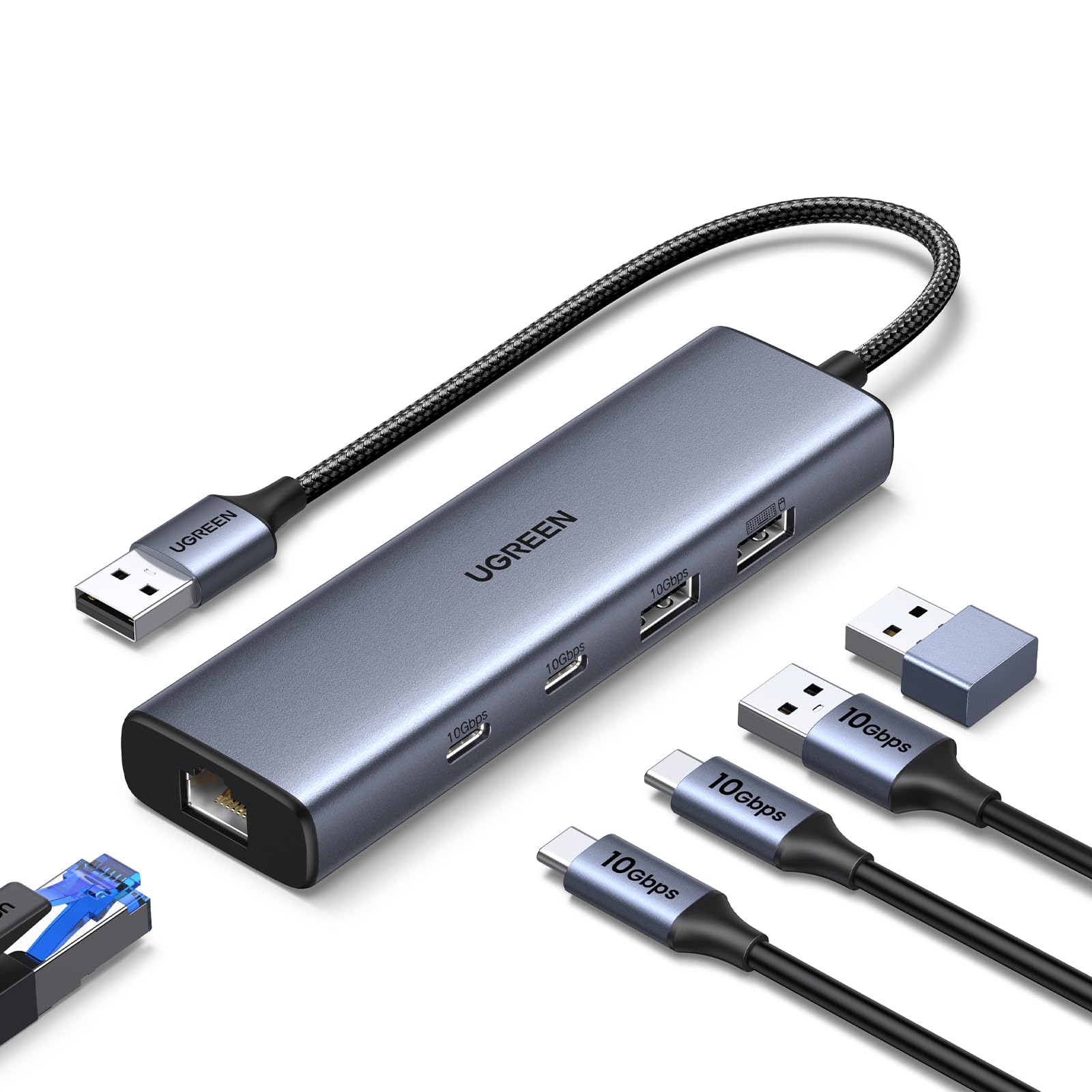 Ugreen Usb To Ethernet Adapter, 5 In 1 Usb Hub With Ethernet With 2* Usb C 3.2 (10Gbps) + 1*Usb A 3.2/1*Usb A 2.0/Gigabit Rj45,