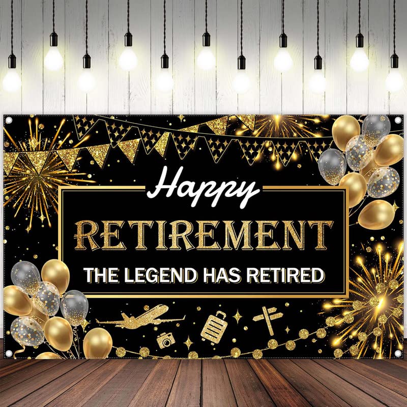 Ycucuei 72X43Inch Happy Retirement Backdrop Black And Gold Glitter Balloon The Legeng Has Retired Background For Men And Women P