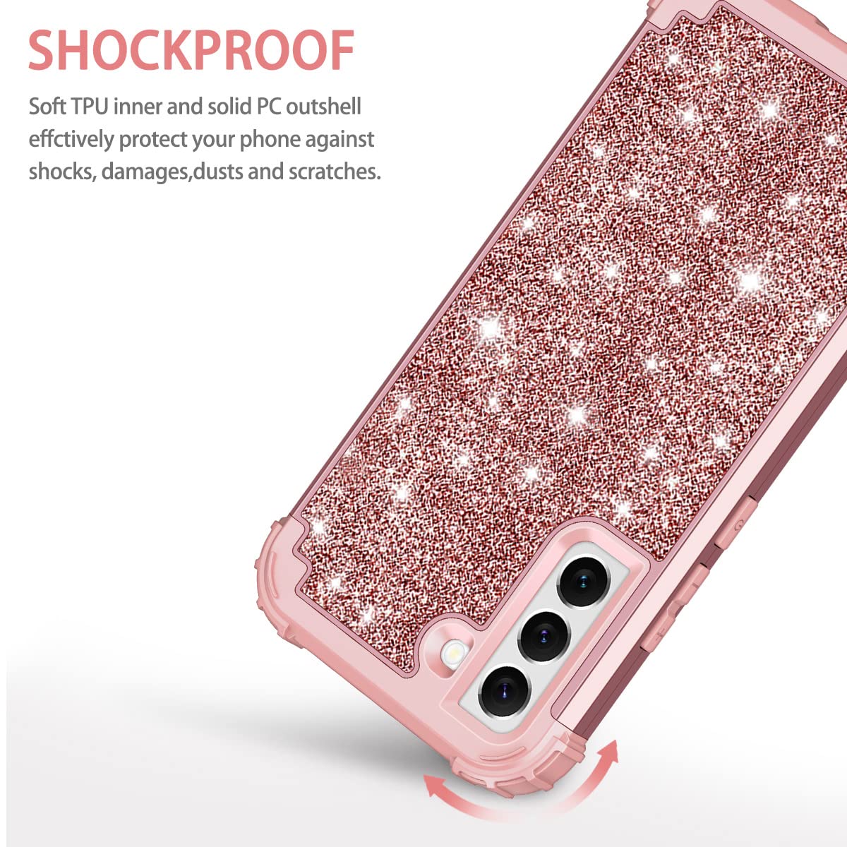 LONTECT Galaxy S22 5G Case Glitter Sparkly Shockproof Hybrid Silicone PC Shiny Rose Gold
