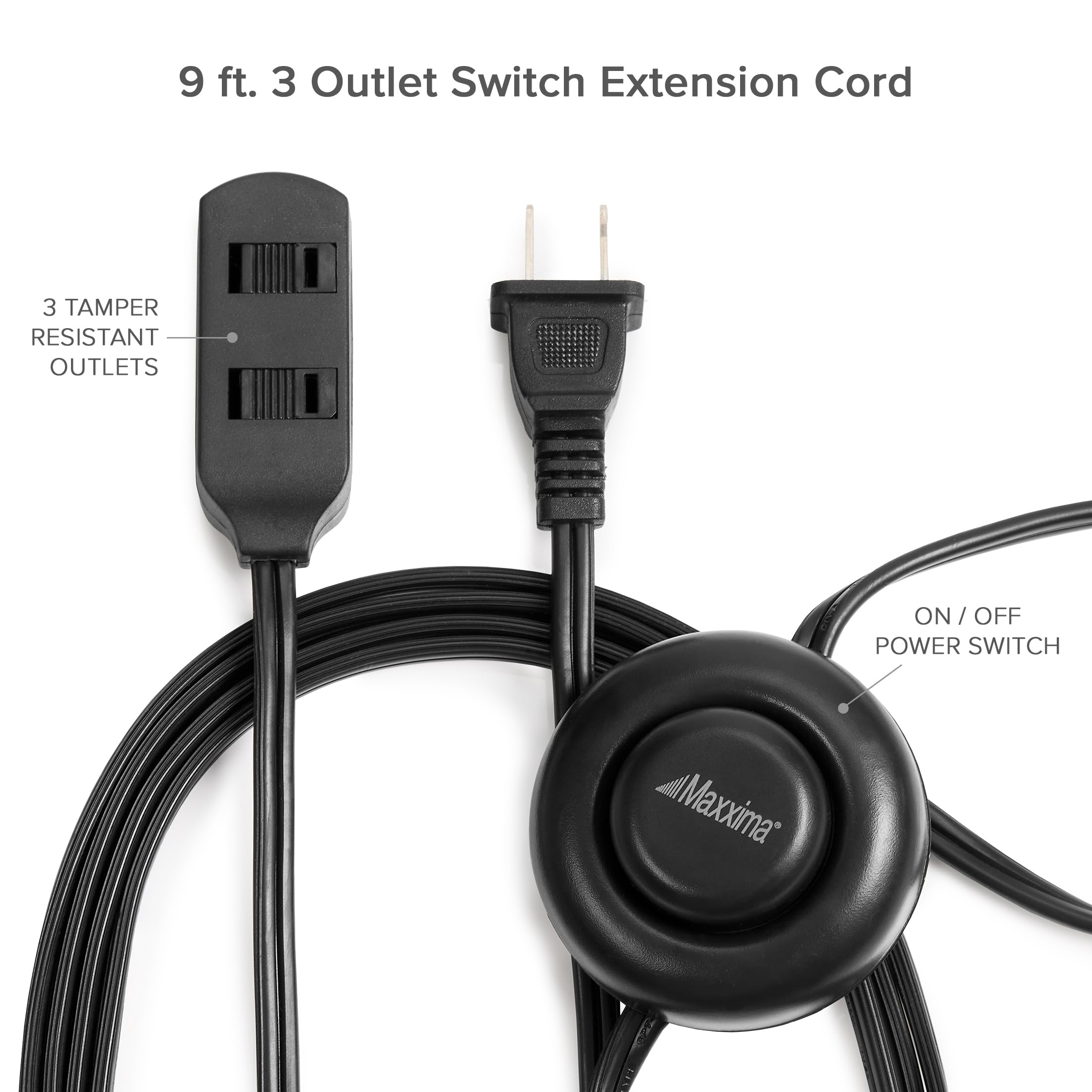 Maxxima 9 Ft 3 Outlet Extension Cord   Featuring An Easy To Use On/Off Foot Switch, Ideal To Plug In Lamps, Appliances, Lighting
