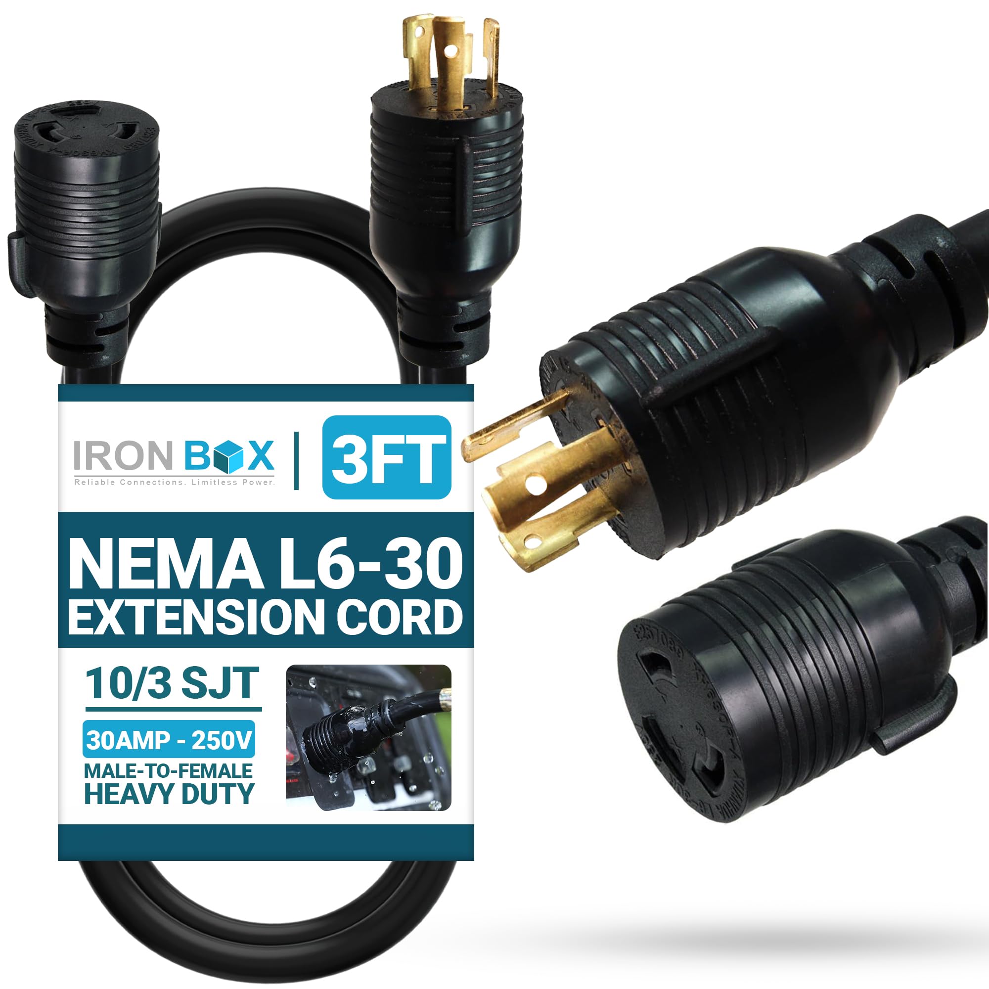 Ironbox Electric Nema L6 30 Extension Cord   30A, 250V, 10/3 Sjt   Ul Listed Power Cable Adapter   Heavy Duty Plug And Connector Power Cord For Generator, Rv, Pdu, Data Centers And More (3 Ft, Molded)