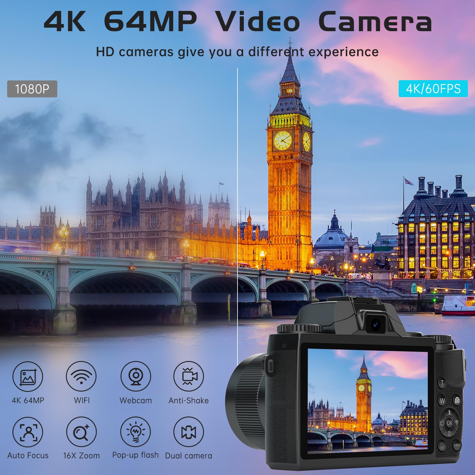 Cameras For Photography, 4K 64Mp Vlogging Camera For Youtube, Autofocus Digital Camera With Large 4.0 Touchscreen 16X Digital Zo