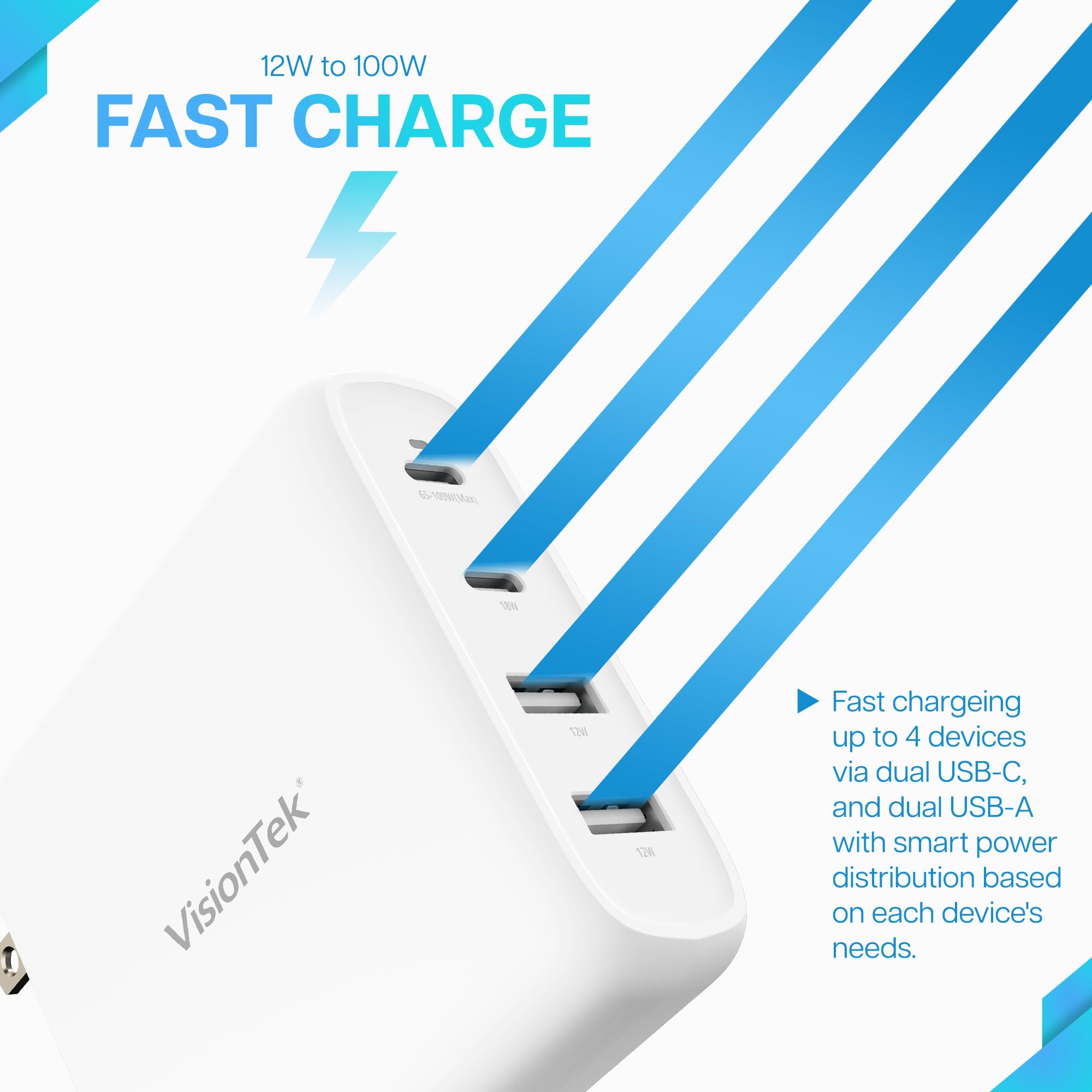 Visiontek Gan Ii 100W Wall Fast Charger - Quad Ports 2X Usb-C 2X Usb-A - Compatible With Macbook Pro/Air, Ipad, Iphone, Galaxy,