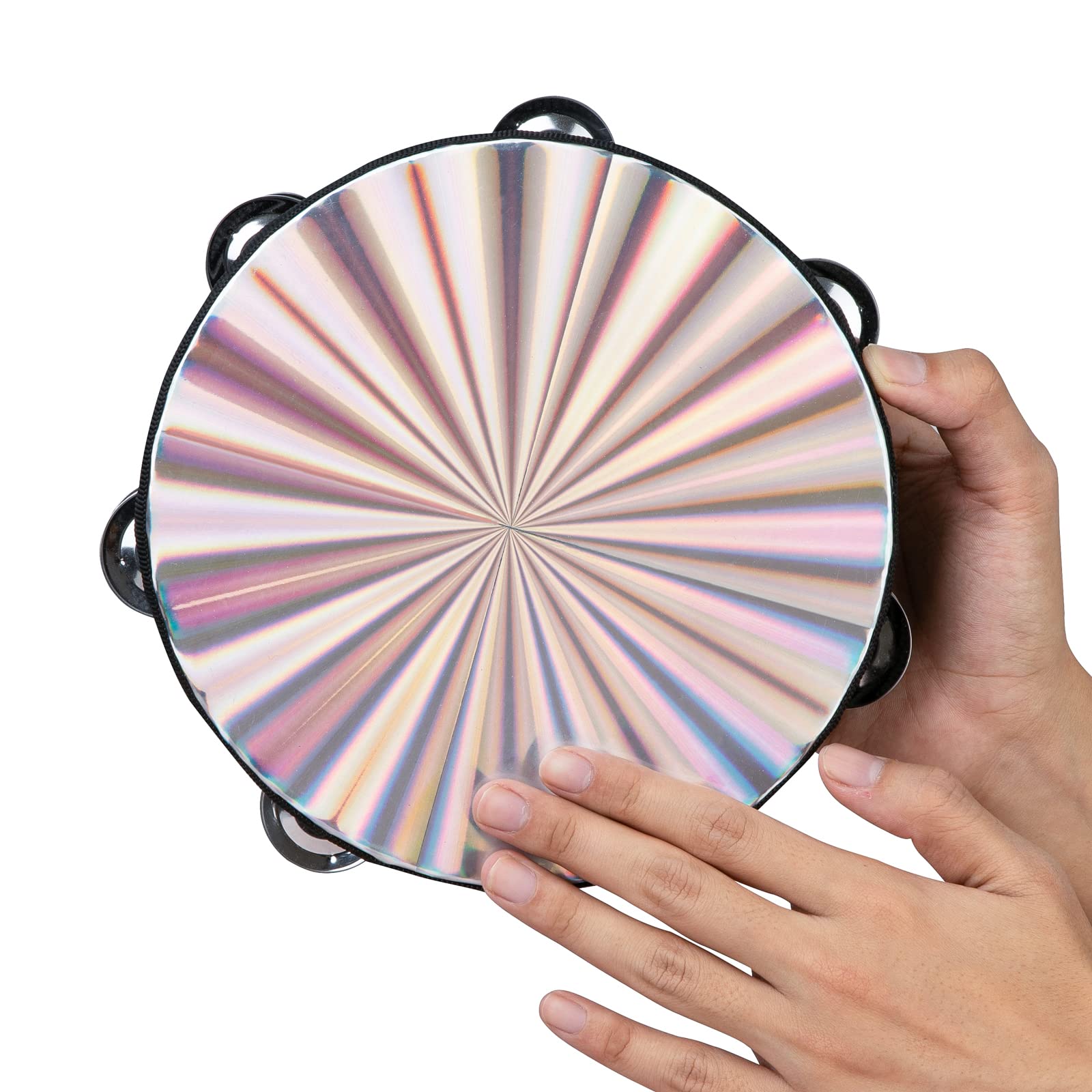 Radiant Tambourine 8 Inch Hand Held Drum With Double Row Jingles, Reflective Tambourines Percussion Musical Instruments For Adul