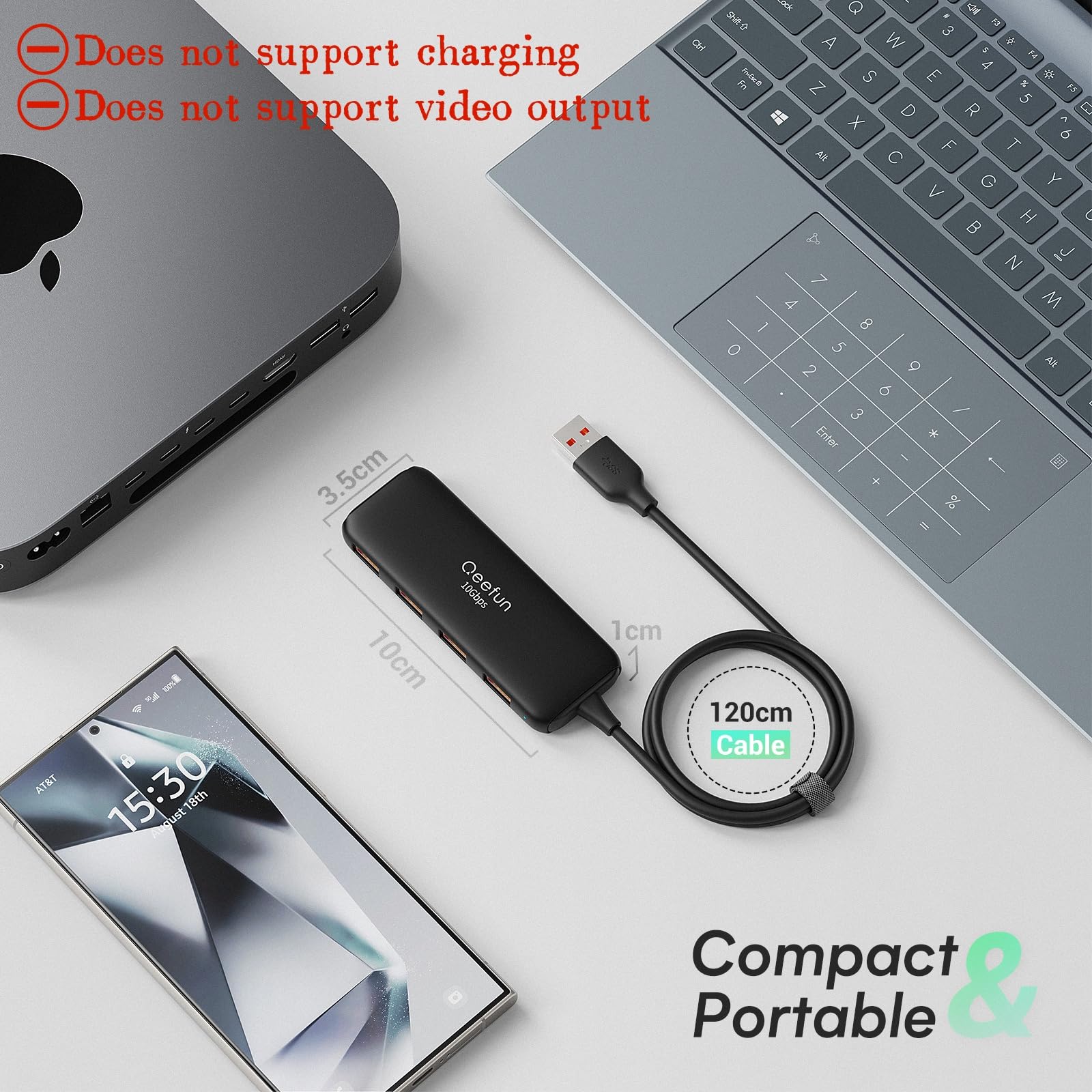 Qeefun ???????????? Usb 3.2 Hub With 4 Usb A Ports, Usb 3.2 Gen 2 Splitter,4Ft Extented Long Data Cable And Type C Power Port, F