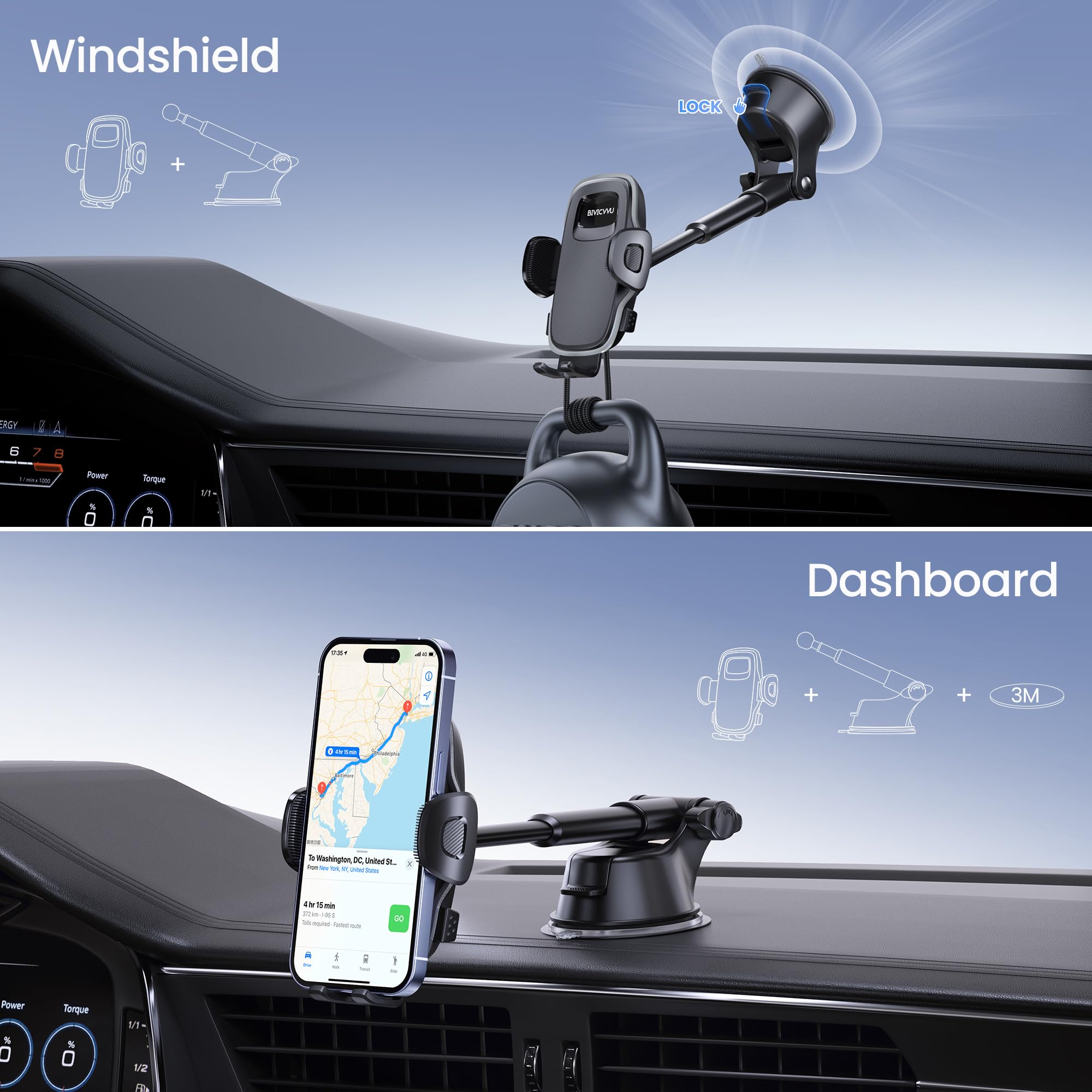 Car Phone Holder, Phone Holders For Your Car Dashboard Windshield, 360 Adjustable (4.8-7'') Telescopic Arm, Suction Cup Cell Pho