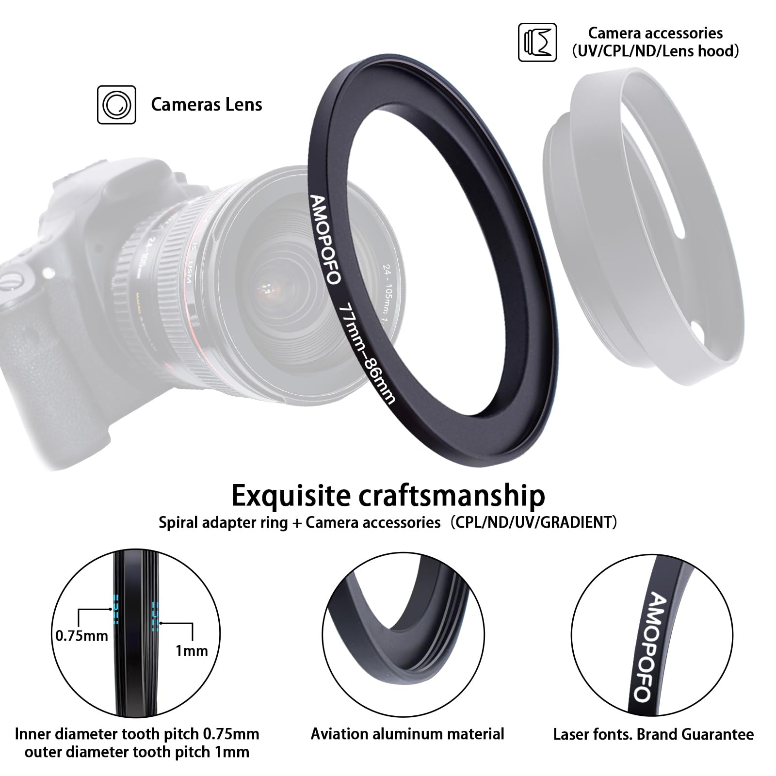 77Mm Lens To 86Mm Camera Filter Ring,Compatible With All 77Mm Camera Lens & 86Mm Uv,Nd,Cpl Lens Hood Accessories,Made Of Cnc Mac