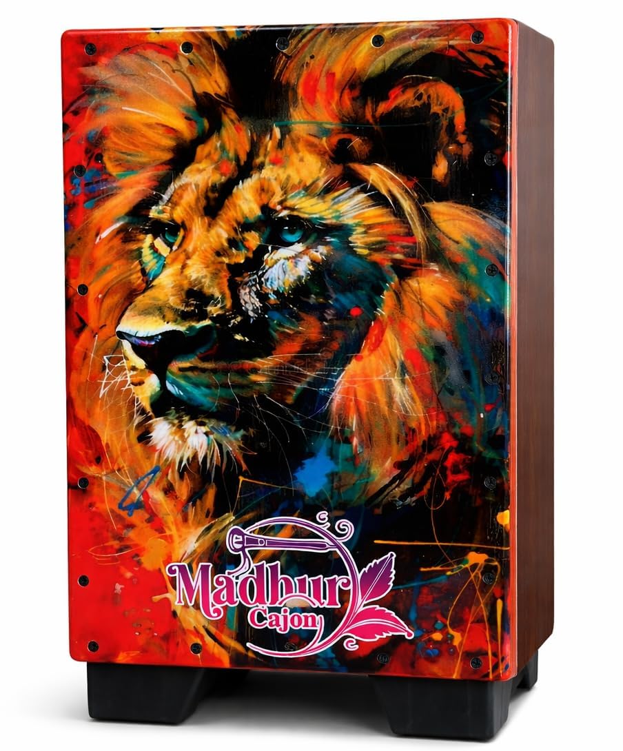 Madhur Cajon Wooden Percussion Box Drum with Vibrant Lion Art Print, Multicolour
