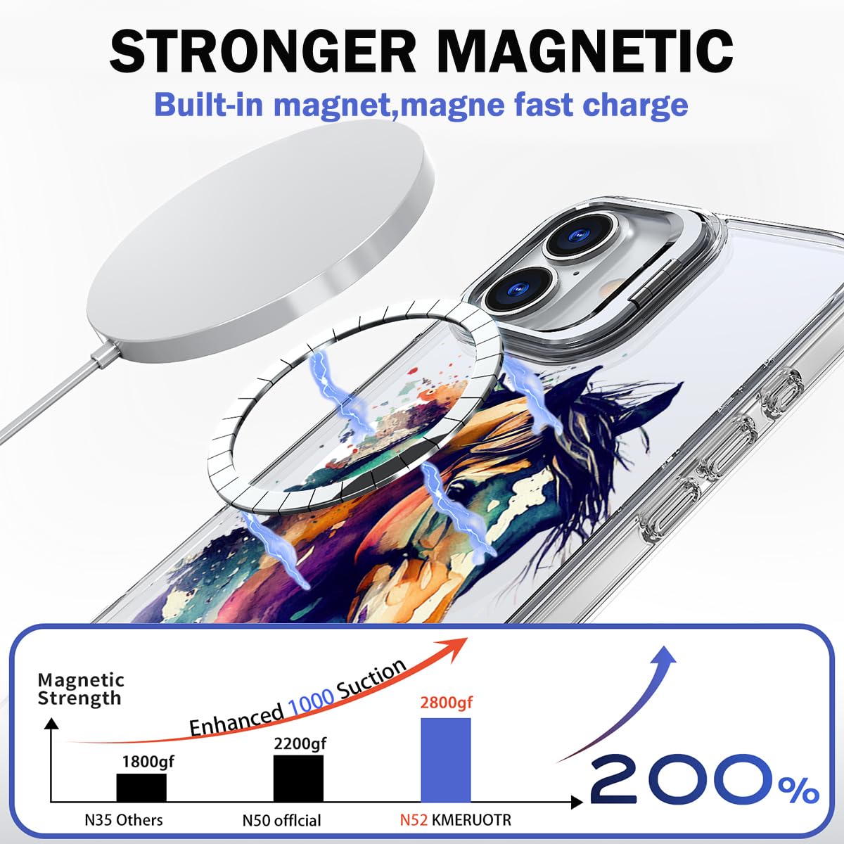 Ecute Strong Magnetic Slim Drop Protective Case With Camera Ring Kickstand For Iphone 16 - Color Graffiti Horse
