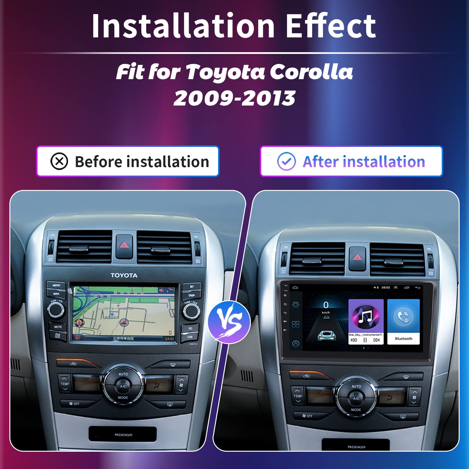 Roinvou For Toyota Corolla 2009 2013 Android Car Radio Stereo, 9 Inch Capacitive Hd Touch Screen Mirror Link Gps Navigation Head