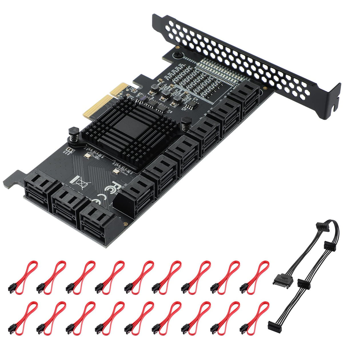 Mzhou Pcie Sata Card 18 Port Sata 4X 6Gbps Sata 3.0 Devices Pcie Card With Sata Cables & Sata Power Cable(Asm1166+575 Chip)