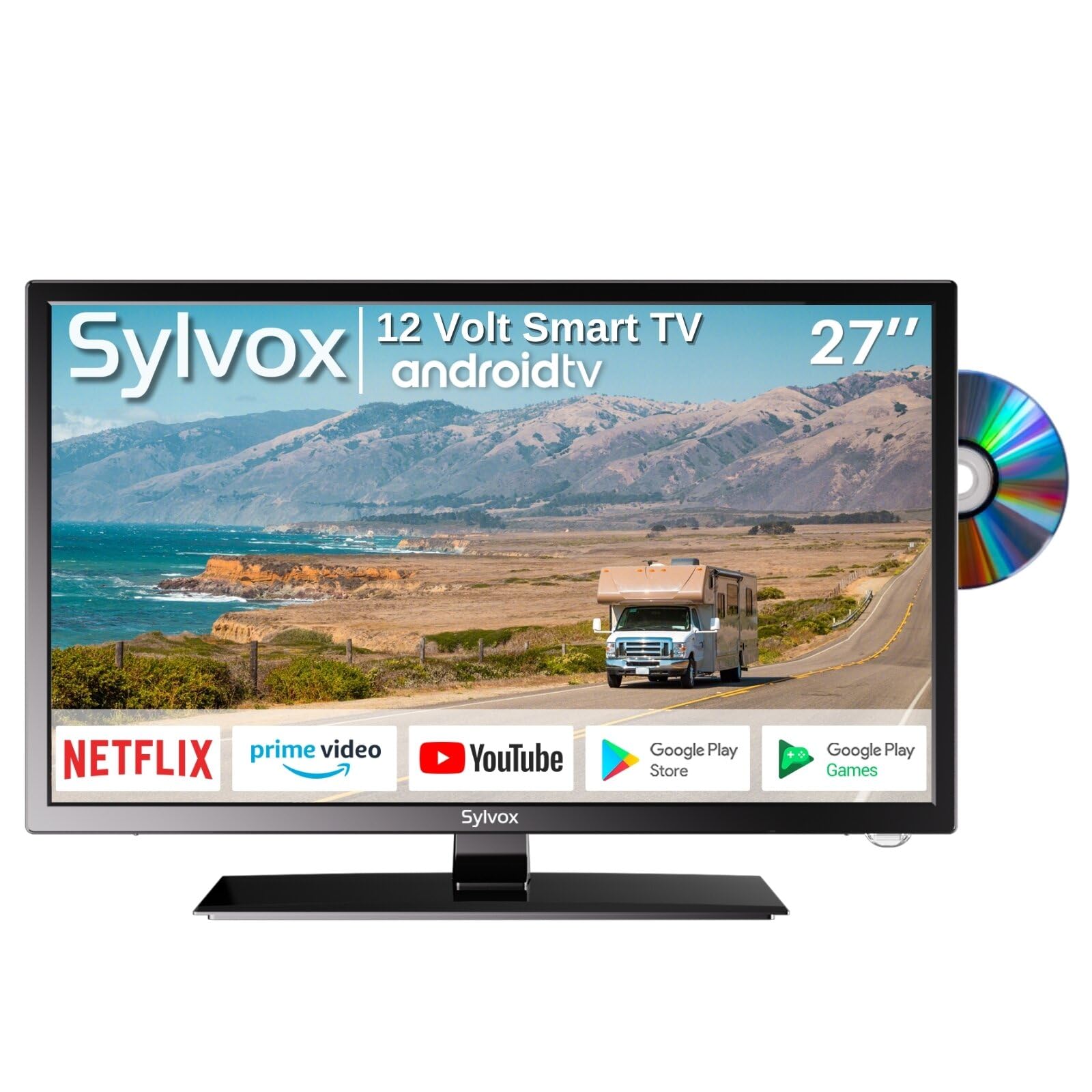 Sylvox 27 Inch Rv Tv, 12 Volt Tv Built In App Store And Dvd Player, Smart Tv Support Wifi Bluetooth, Ac/Dc Powered, Android Syst