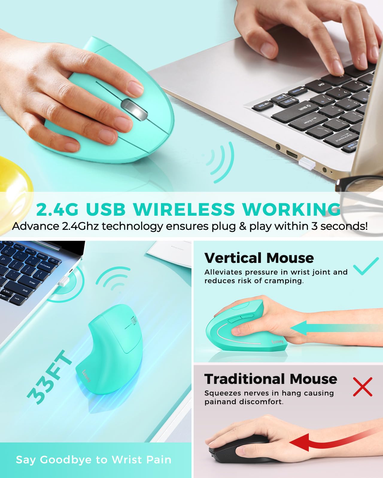 Lekvey Ergonomic Mouse, Vertical Wireless Mouse Rechargeable 2.4 Ghz Optical Carpal Tunnel Mouse : 800/1200 / 1600 Dpi, 6 Button