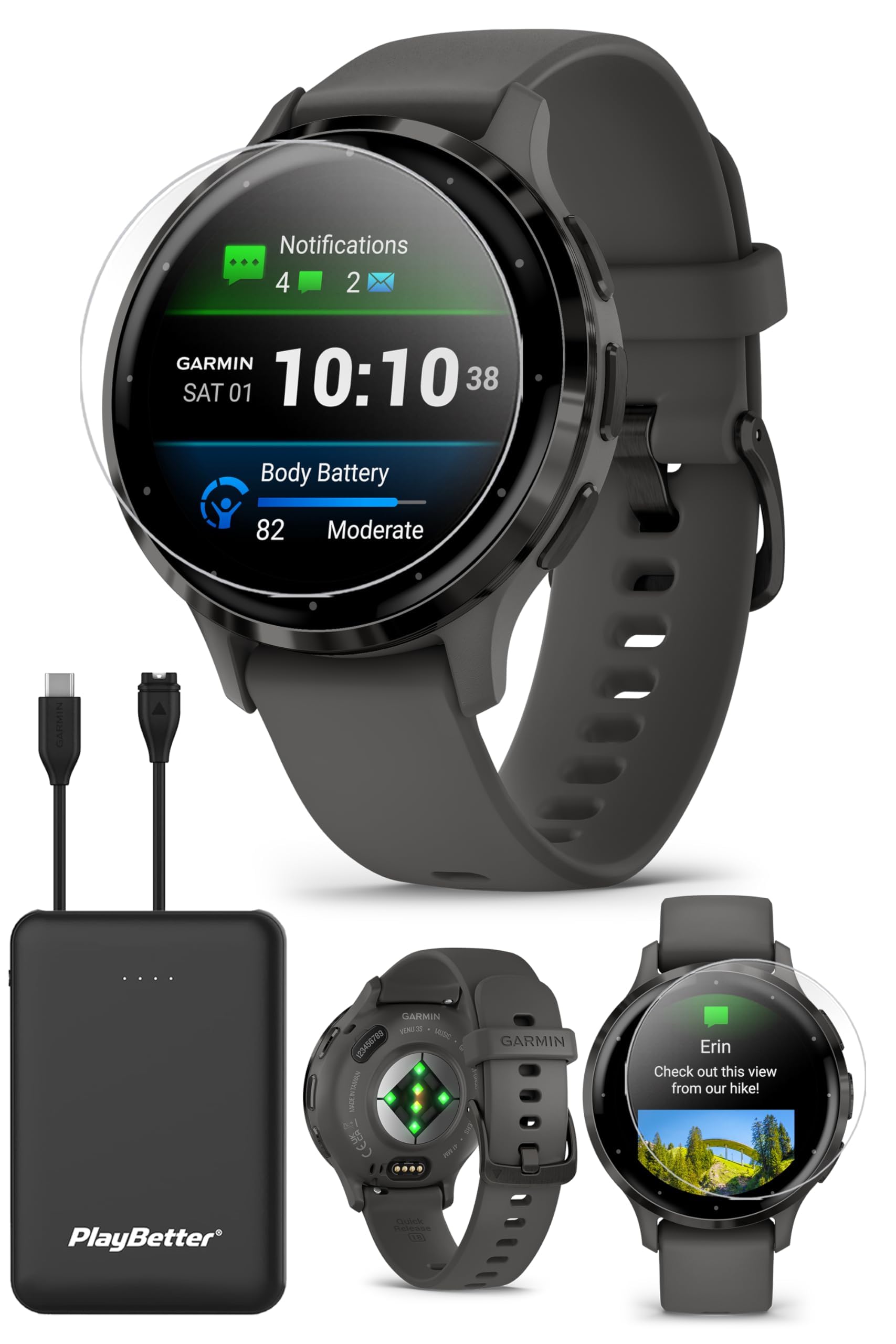 PlayBetter Garmin Venu 3S (Slate/Pebble Gray) Fitness GPS Smartwatch Bundle - AMOLED Touchscreen, 10 Days Battery, Sleep & Recov