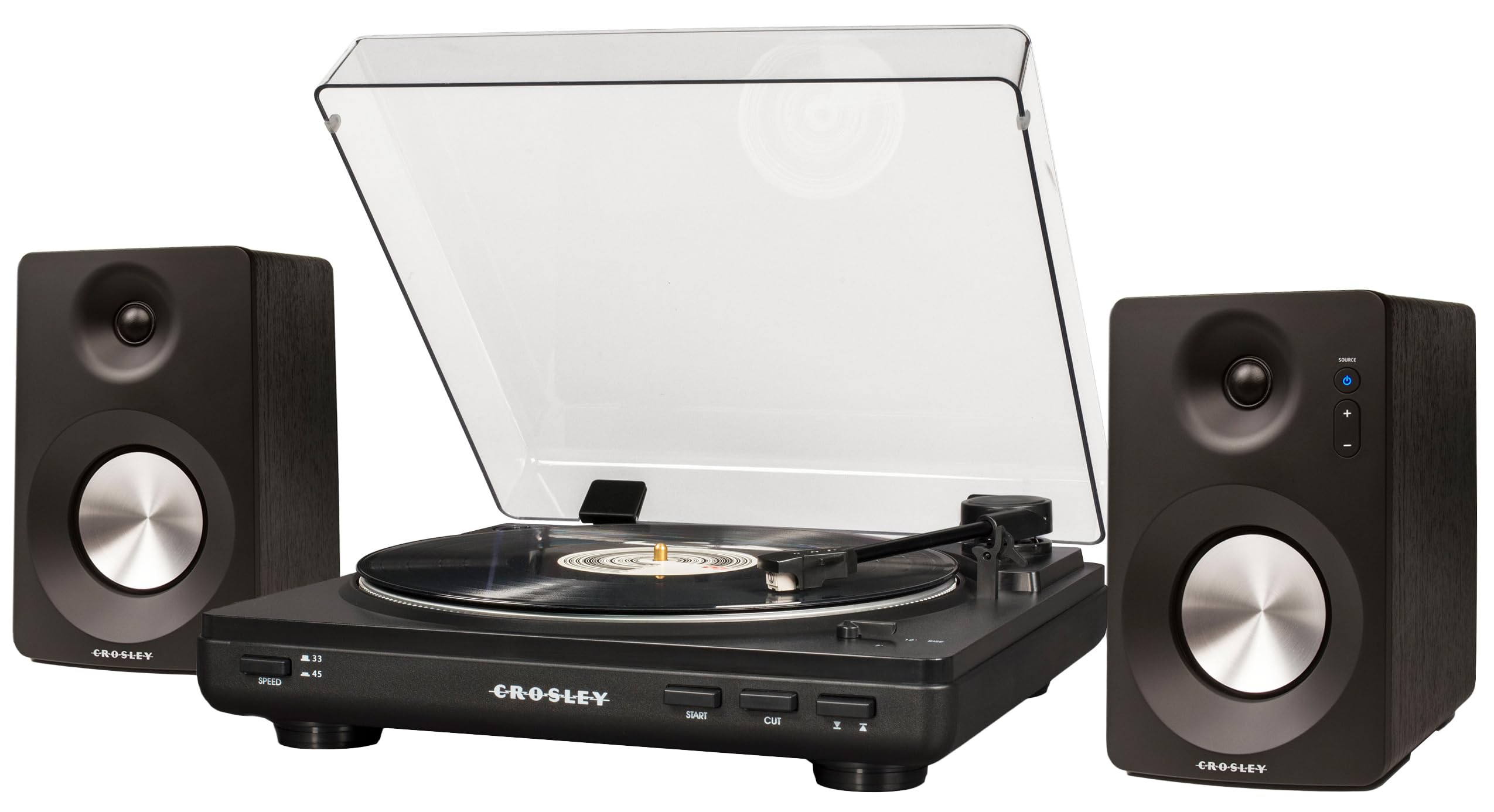 Crosley T400D-Bk Fully Automatic Bluetooth 2-Speed Turntable Record Player With S100A Stereo Speakers, Black