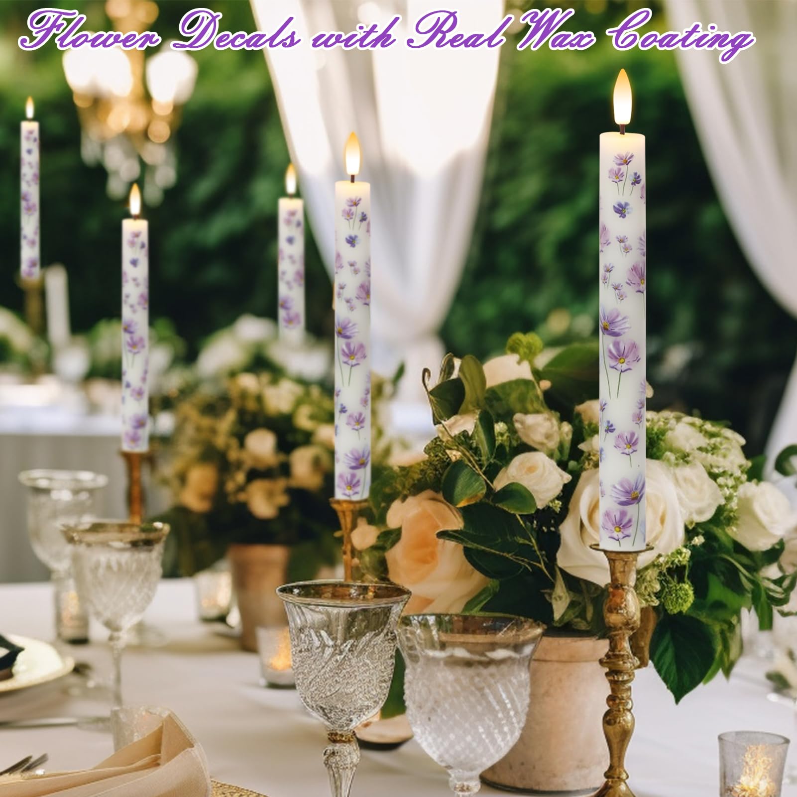 Kunswenn Flameless Taper Candles With Remote, 4 Pcs Led Taper Candles Battery Operated With Purple Flower Decals, Flameless Cand