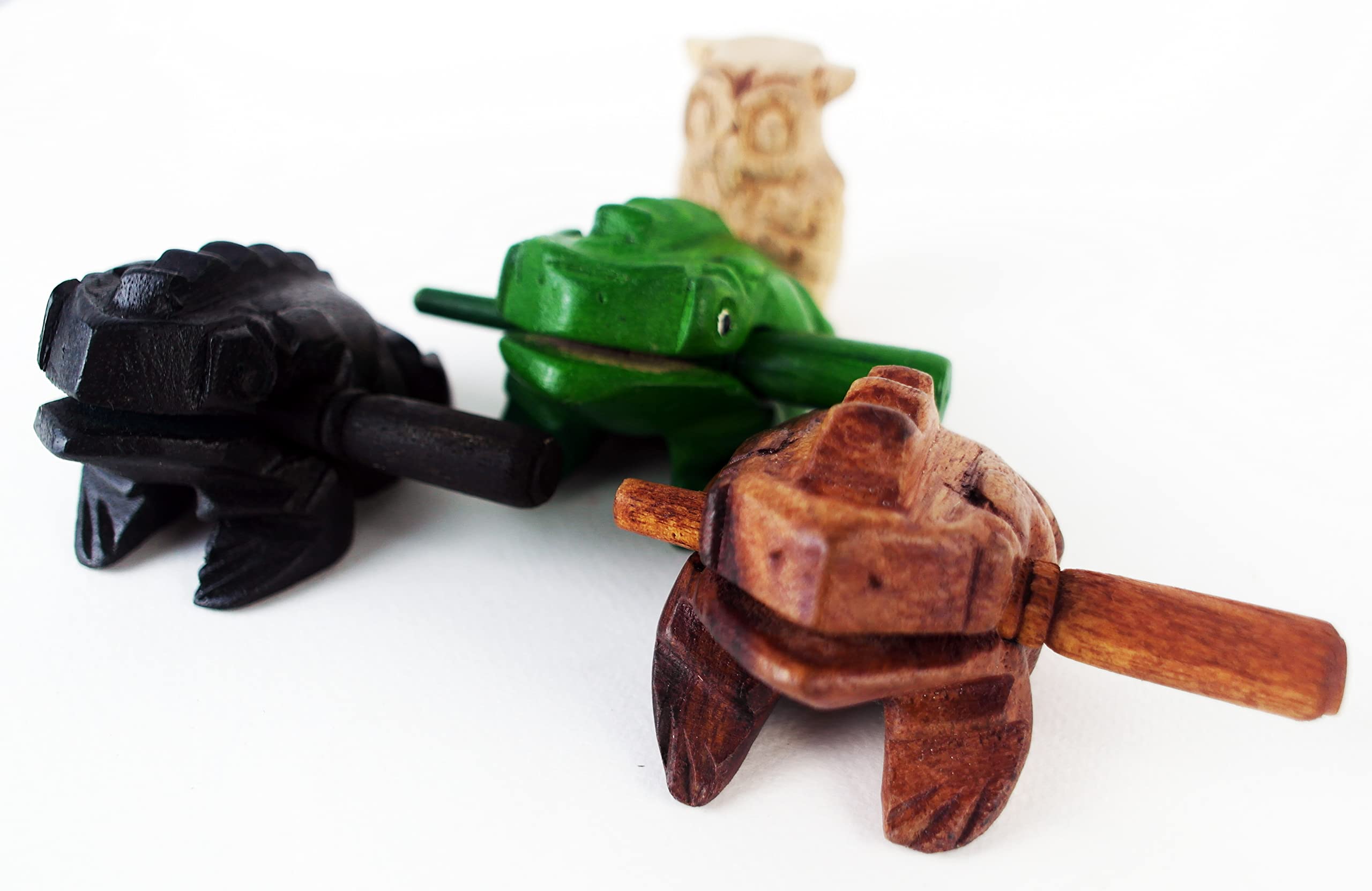 Guiro Percussion Instruments Wooden Frog 4 Pieces Set Of 3 Natural Wood Giro Frog And Mini Owl 2.75 Inch Black Green Wood Carvin