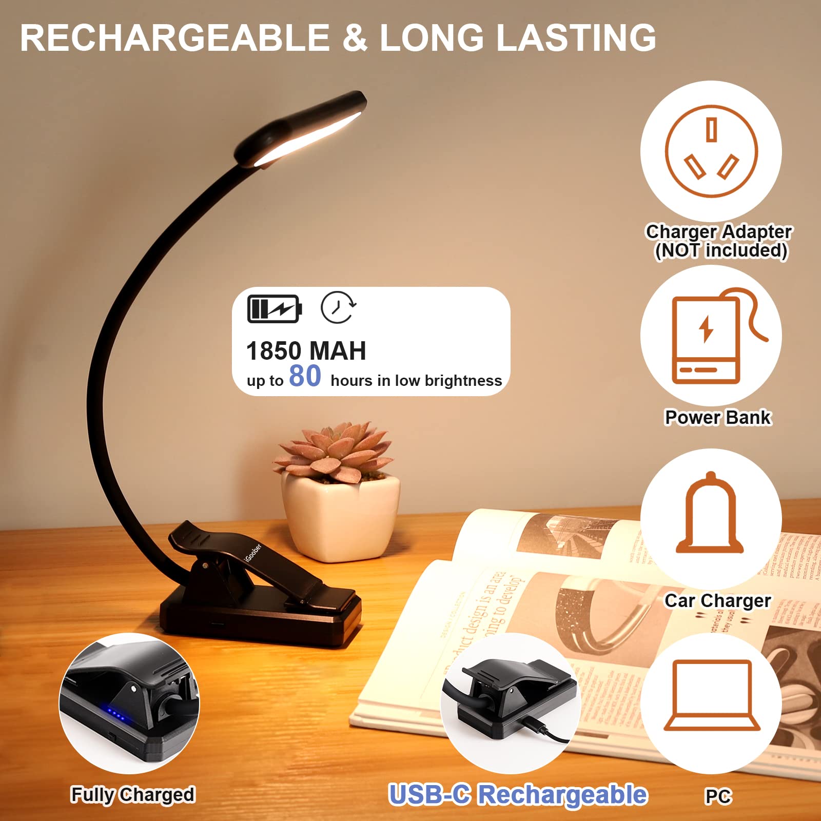 Igoober 2 Pack 28 Led Music Stand Lights, Eye Caring Clip On Piano Light, Blue Light Blocking, Usb C Rechargeable, 4 Color X 3 B