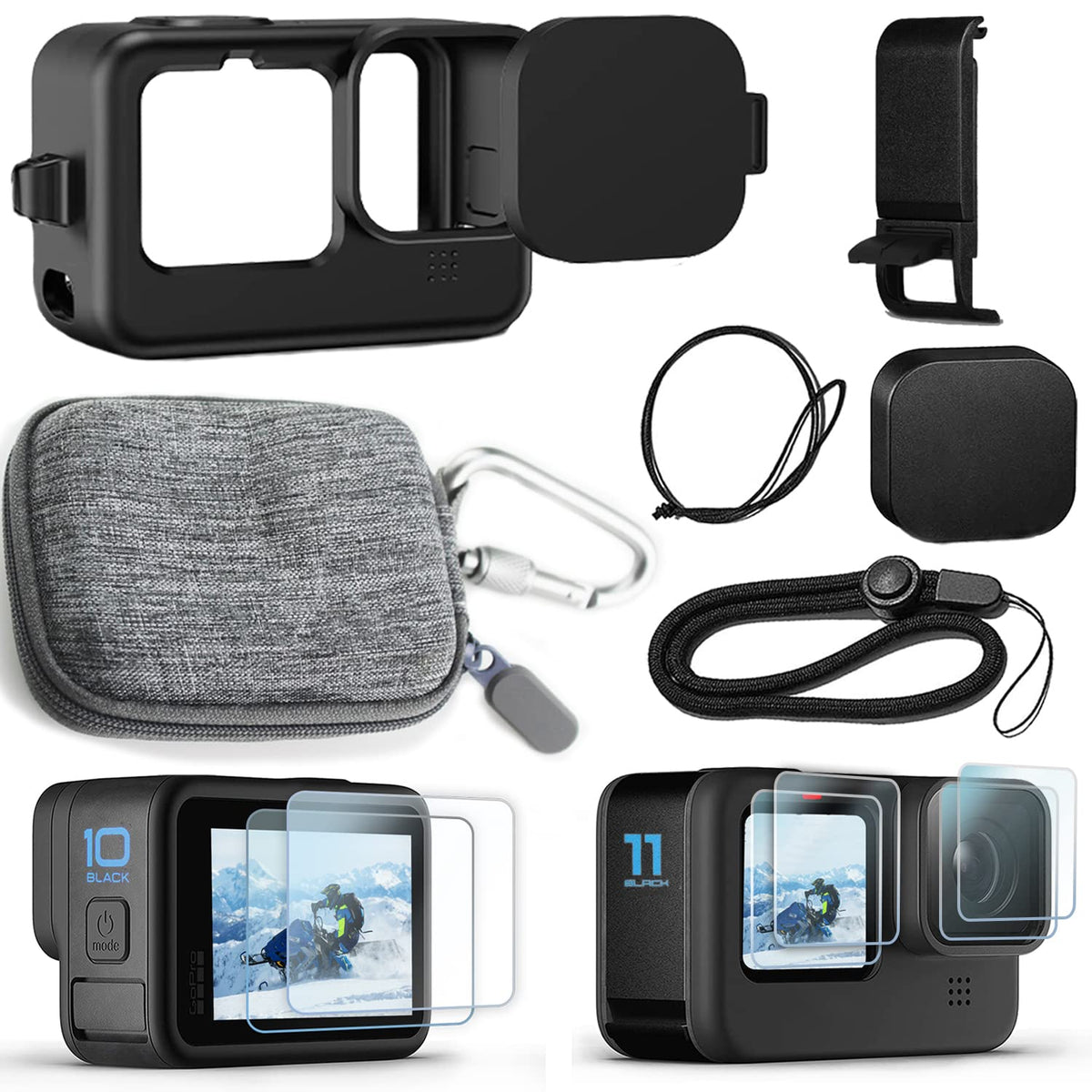 Okfun Accessories Kit For Go Pro Hero12/Hero11/Hero10/Hero9 Black,Carrying Case+Silicone Case With Rubber Lens Cover+Screen Prot