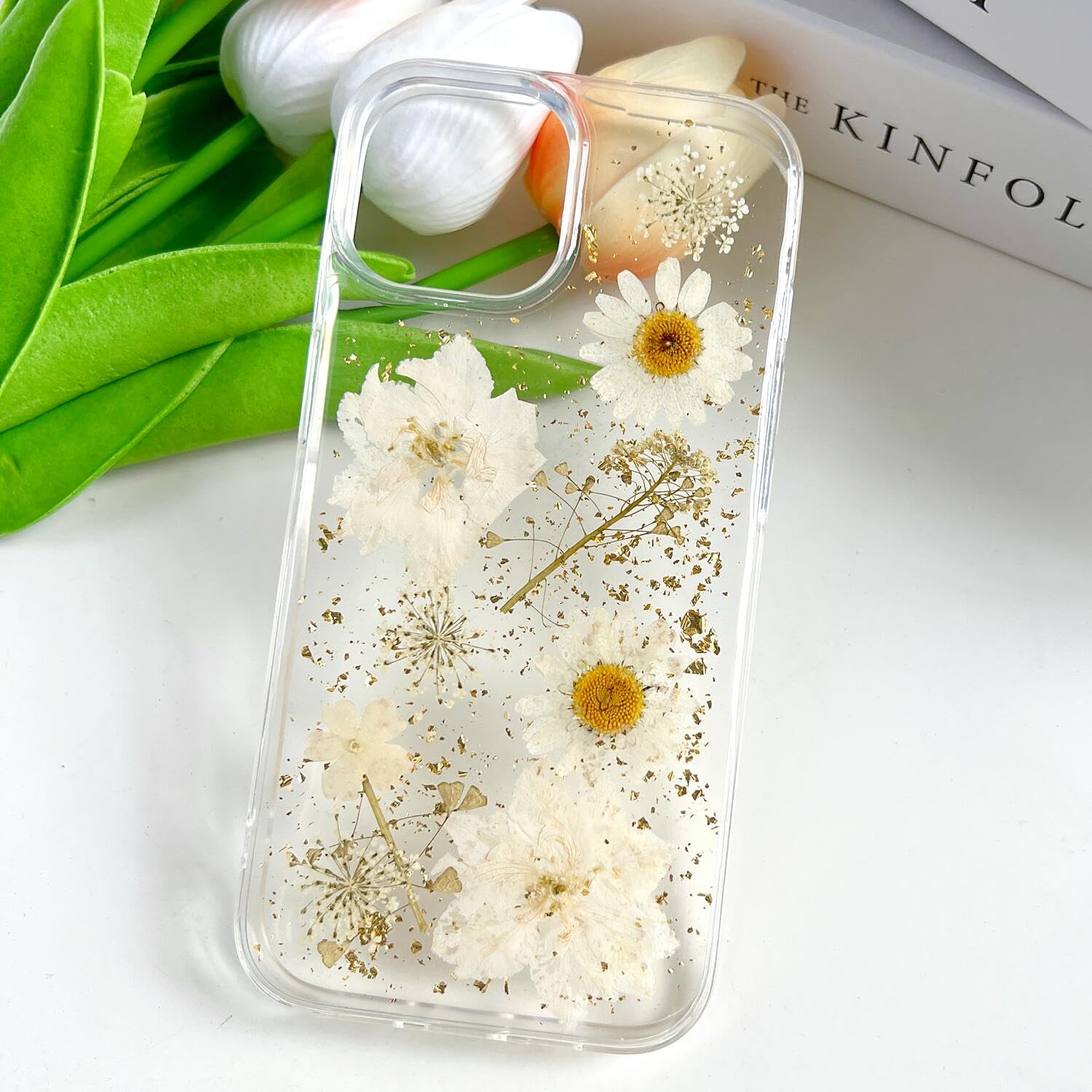 Lseeka For Iphone 13 Mini/Iphone 12 Mini Clear Case With Pressed Real Flowers Design,Glitter Cute White Floral Pattern Slim Soft