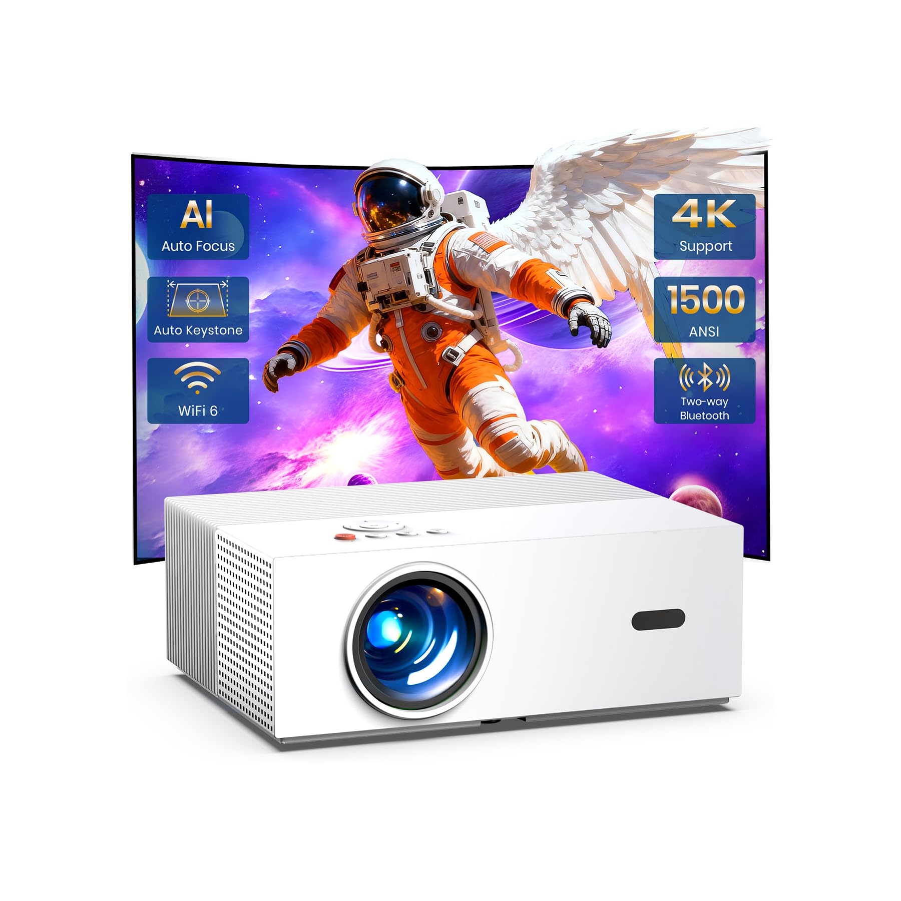 [Auto Focus & High Brightness] Outdoor Projector with WiFi and Bluetooth, Native 1080P Movie Projector, 4K Support, 1500ANSI Aut