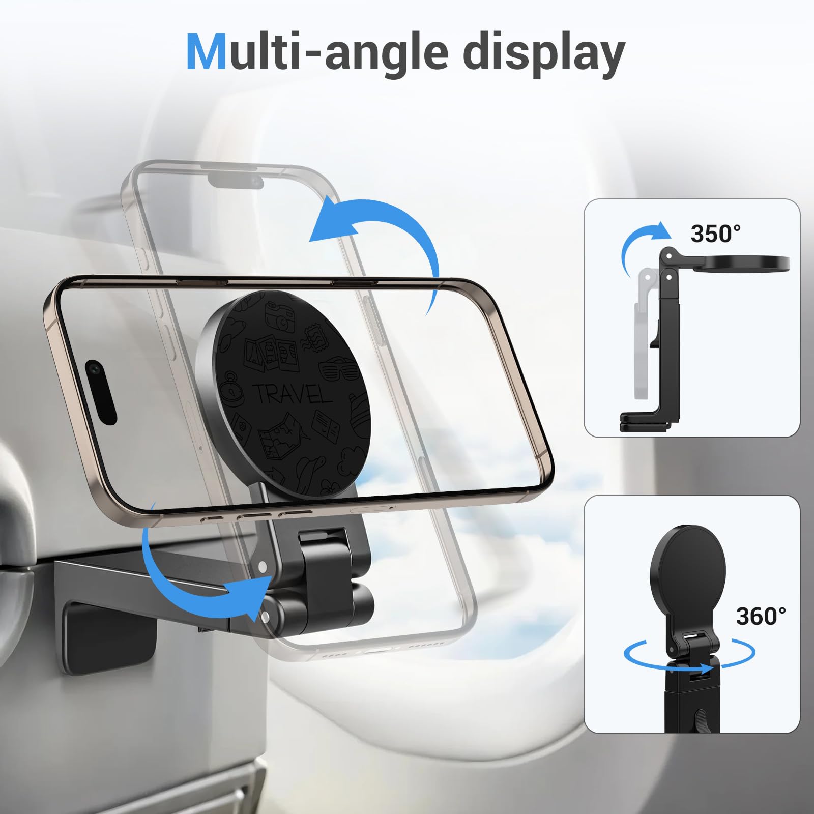 Magnetic Airplane Phone Holder, Universal Travel Phone Mount With Magnetic Ring, 360 Rotatable & Adjustable, Foldable Compact St