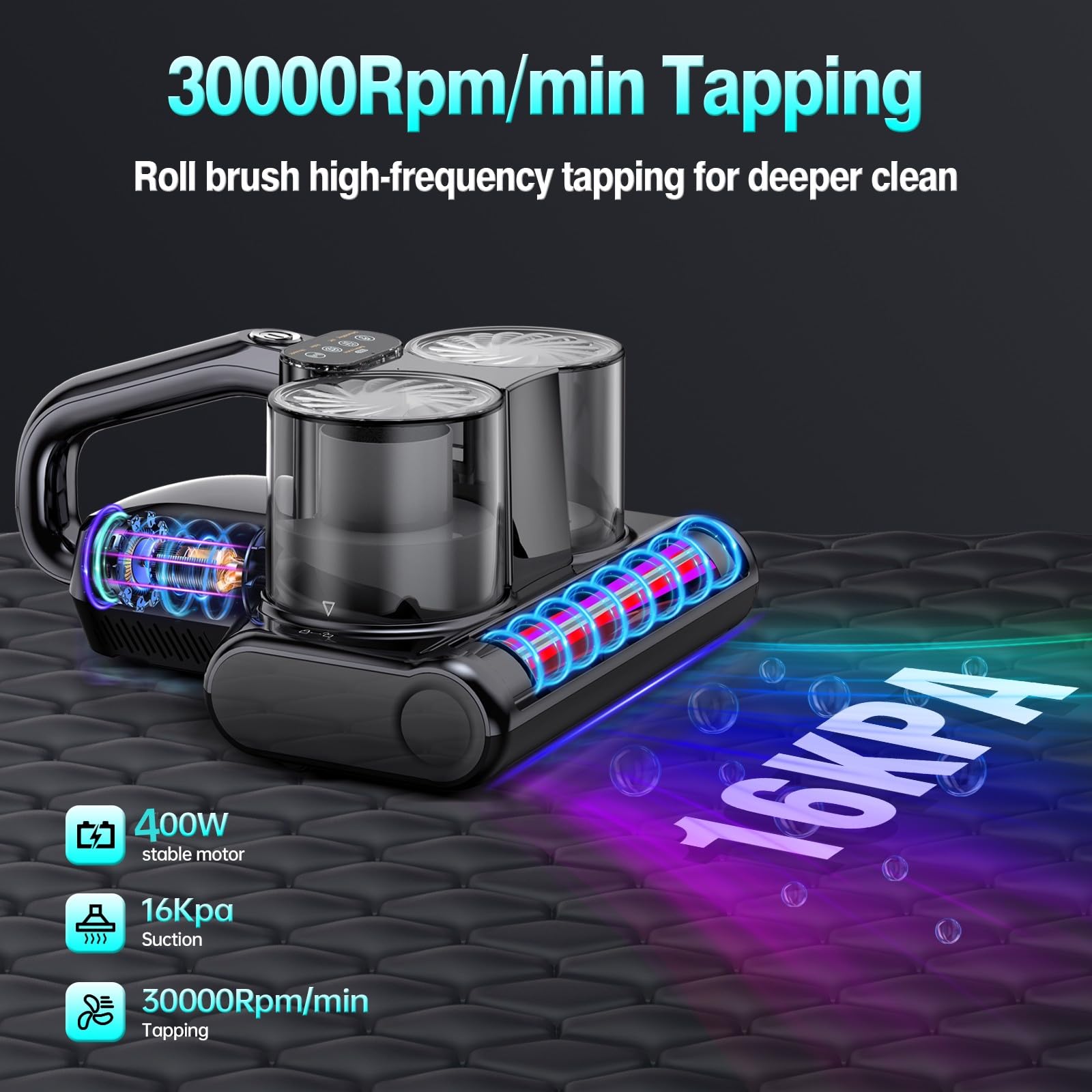 Mattress Vacuum Cleaner Cordless Bed Vacuum With 16Kpa Suction 253.7Nm Uv-C Light, Ultrasonic Technology, Hepa Filtration, Built