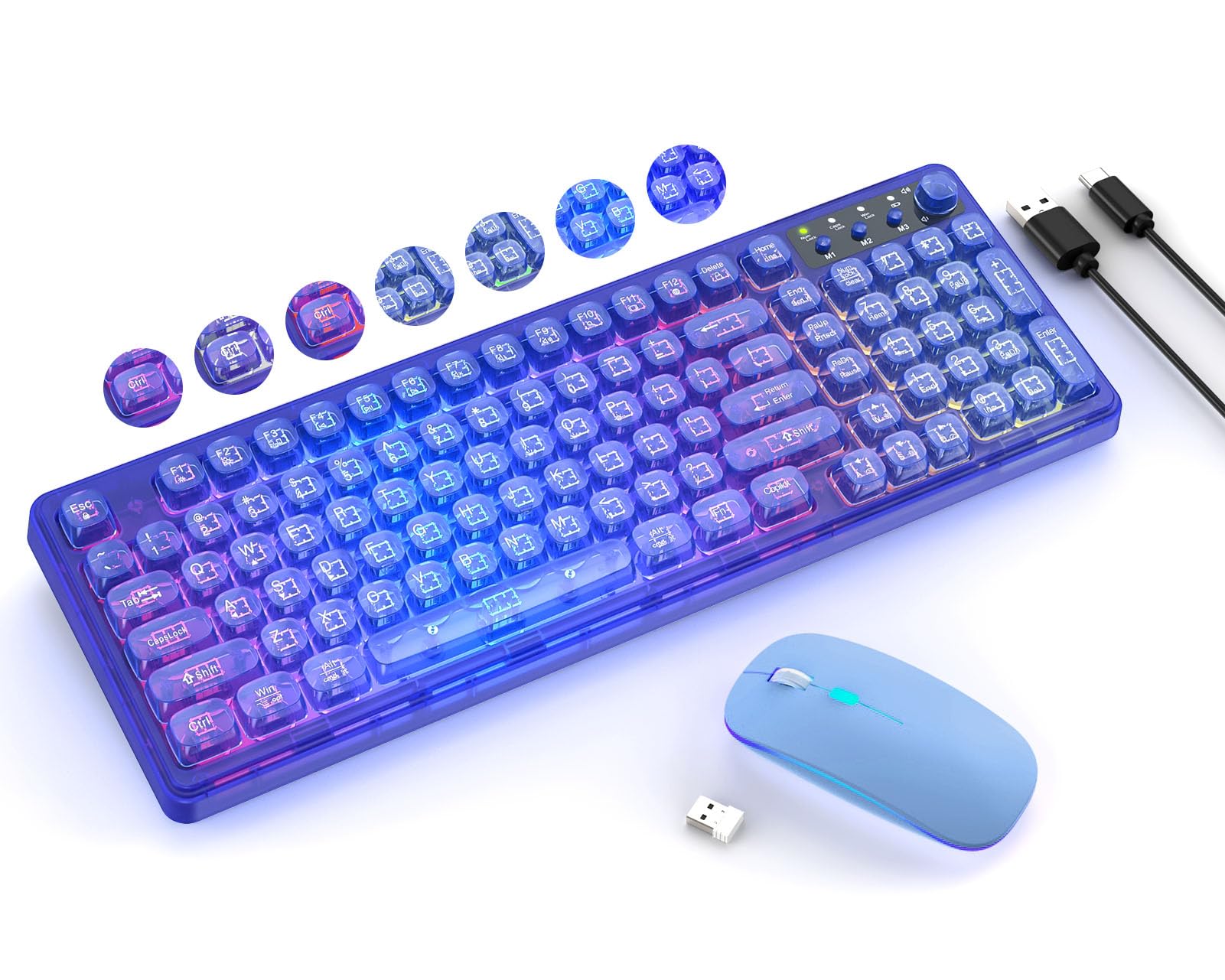 Wireless Light Up Keyboard and Mouse,Cute 2.4Ghz Cordless Rechargeable Clear Transparent Backlit Keyboard,15 Backlight Effects,V