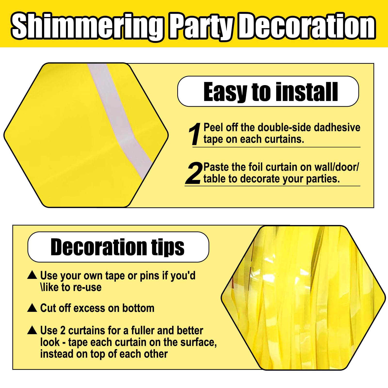 3 Pack Macaron Yellow Foil Fringe Curtain Backdrop, 3.28Ft X 9.8Ft Metallic Tinsel Foil Fringe Streamer Curtains For Photo Booth