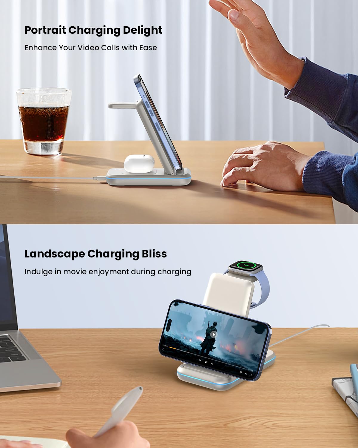 Wireless Charging Station   Geekera 3 In 1 Foldable Wireless Charger Stand For Iphone 15/14 13 12 11 Pro Max/X/8, Charging Stati