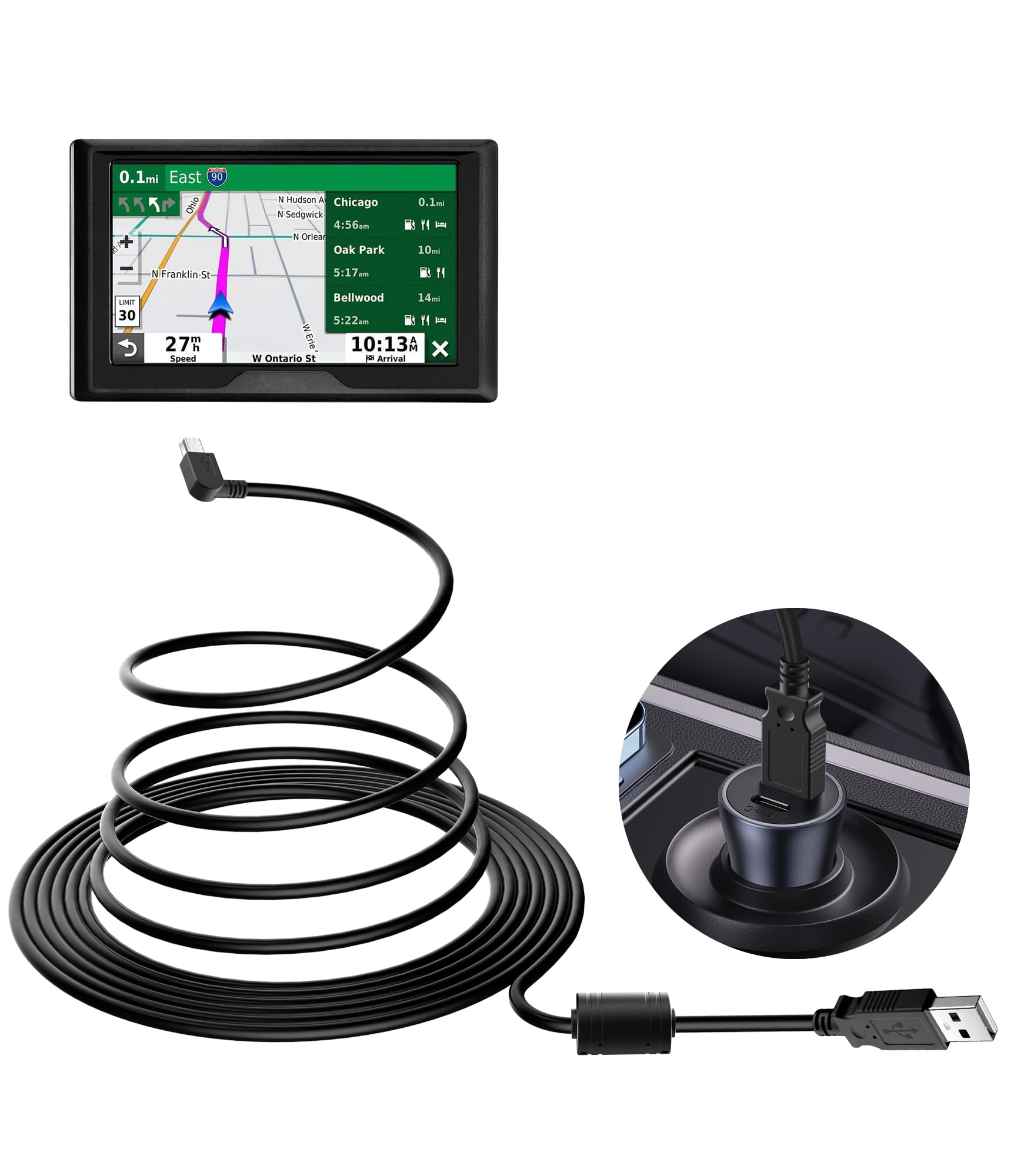 Yqmajim Gps Dash Cam Power Cable,(10Ft Mini Usb) Pure Copper Thicker 90 Degree Mini Usb Charger Cable For Garmin Gps, Mirror Cam