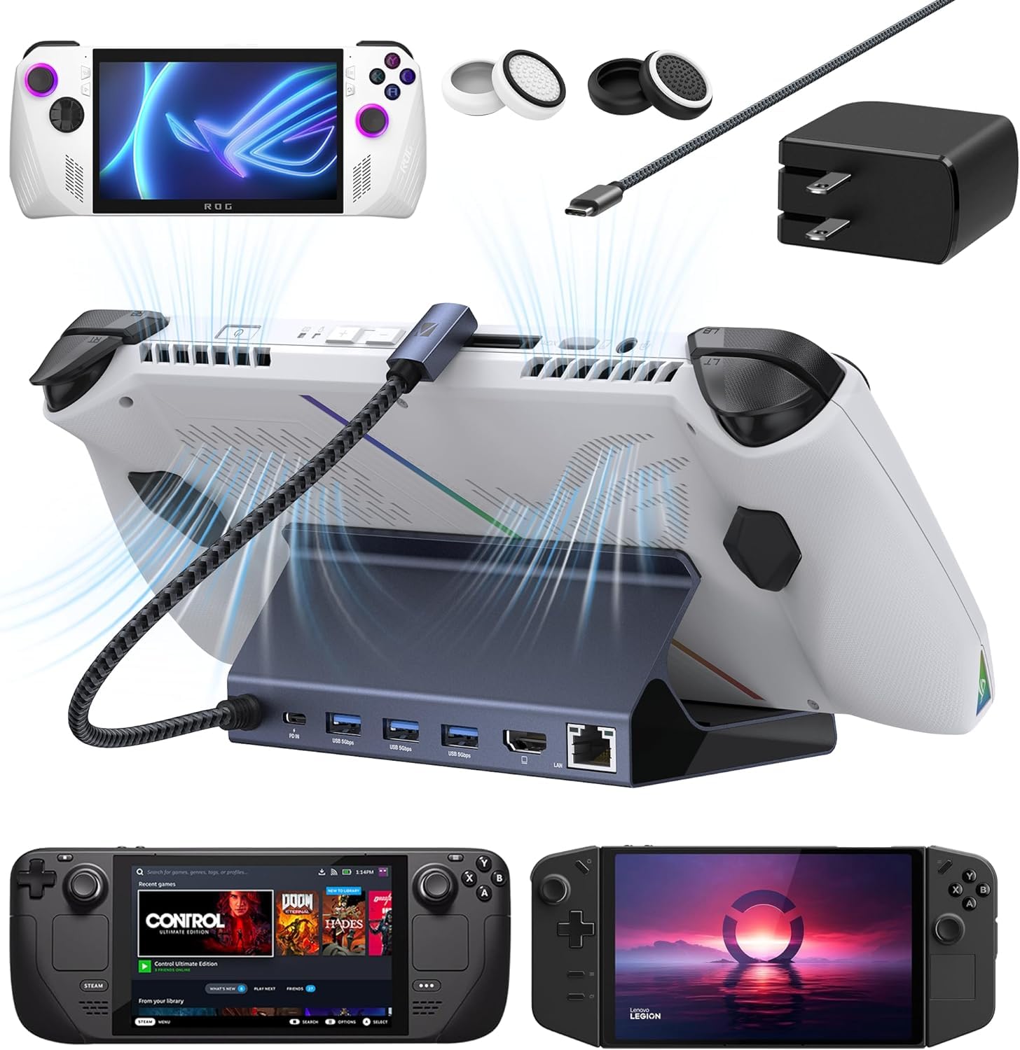 Ivanky Legion Go/Rog Ally/Steam Deck Dock With 65W Pd Charger, 8 In 1 Hub Docking Station With Hdmi 4K@60Hz Gigabit Ethernet, Us