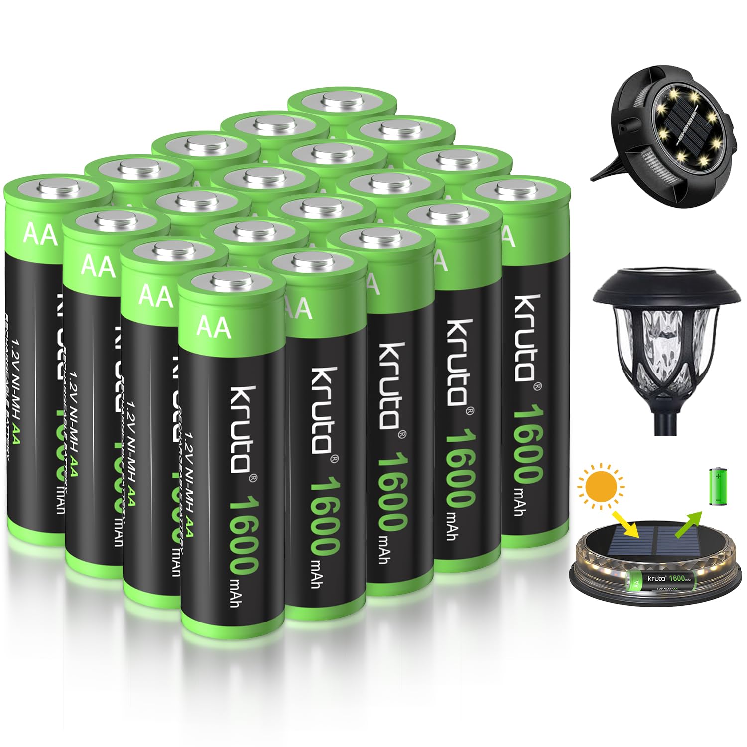 Kruta 20-Pack Rechargeable AA Batteries Pre-Charged, 1600mah NiMH Rechargeable AA Solor Batteries Double A Battery for Outdoor S