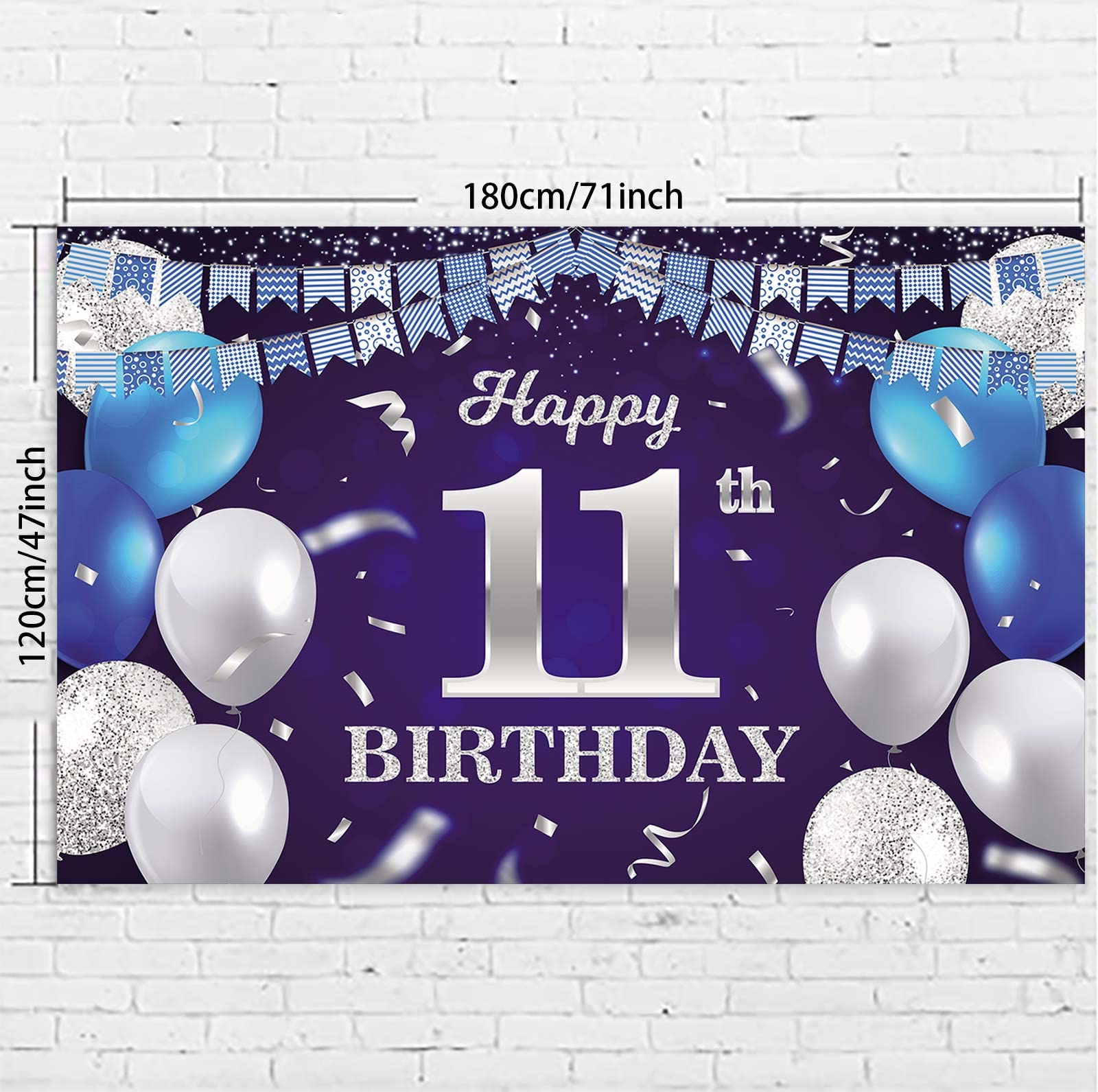 Happy 11Th Birthday Banner Backdrop Navy Blue Balloons Confetti Stripe Flag Light Spots Cheers To 11 Years Old Theme Decorations