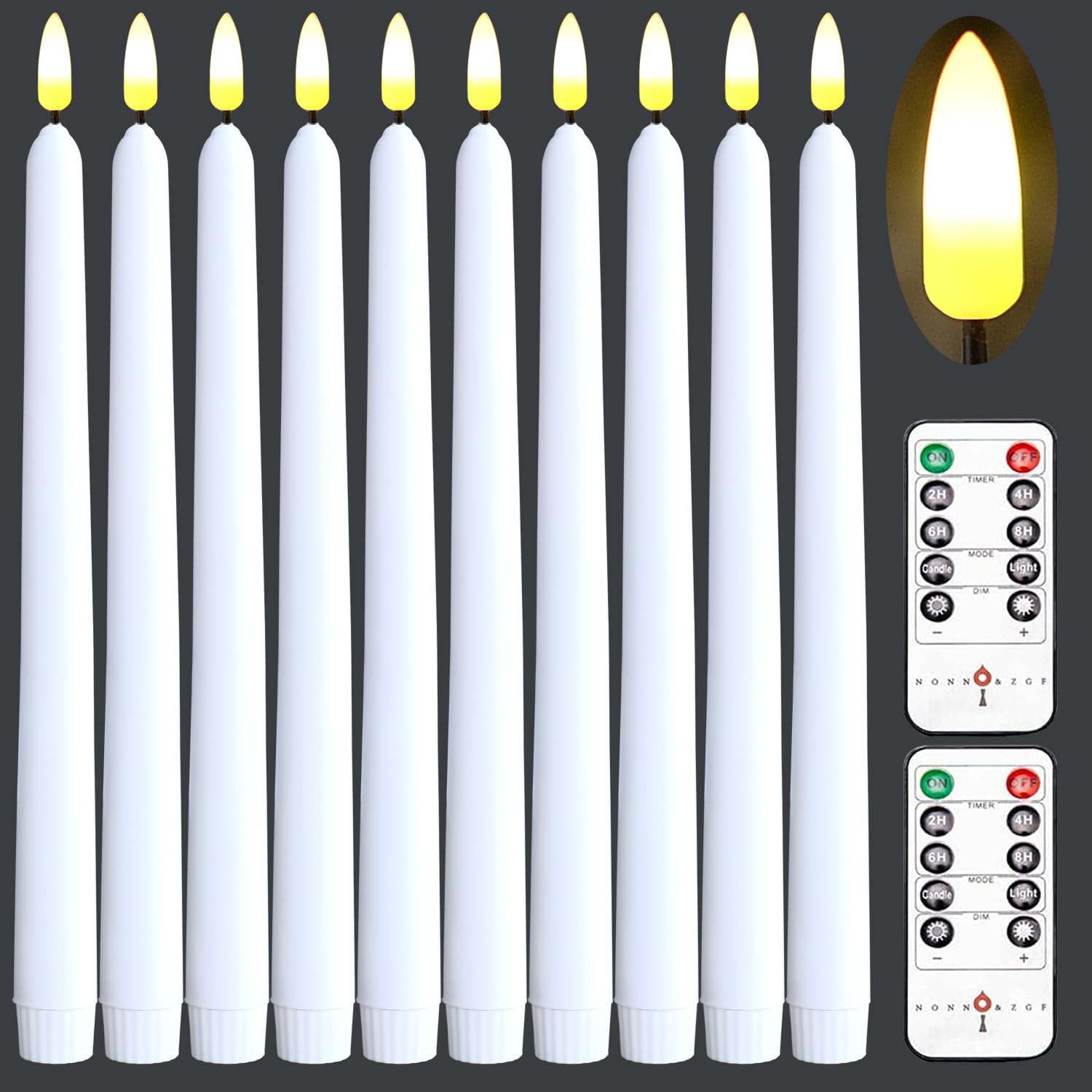 Nonno & Zgf 10 Pack White Flameless 11'' Wax Coverd Taper Candles With 2 Remote/Timer, Led Battery Bright Flickering Candle For